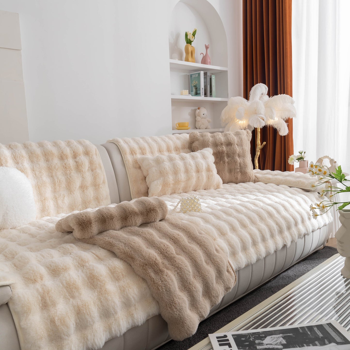 Living room with Thick Sofa Cushion Solid Color Faux Fur Fluffy Sofa Cushion Non-Slip Couch Covers enhancing cozy and luxurious feel.