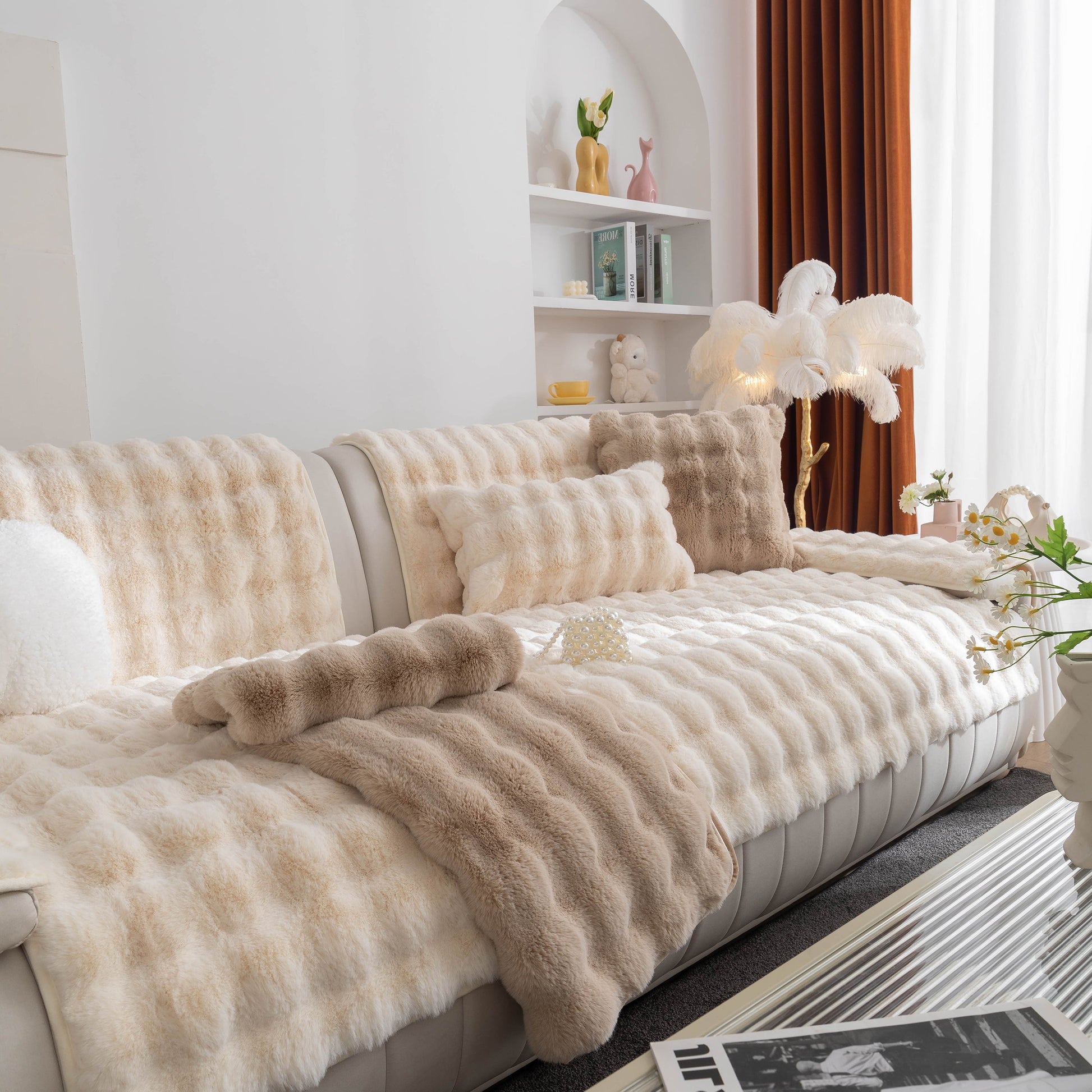 Living room with Thick Sofa Cushion Solid Color Faux Fur Fluffy Sofa Cushion Non-Slip Couch Covers enhancing cozy and luxurious feel.