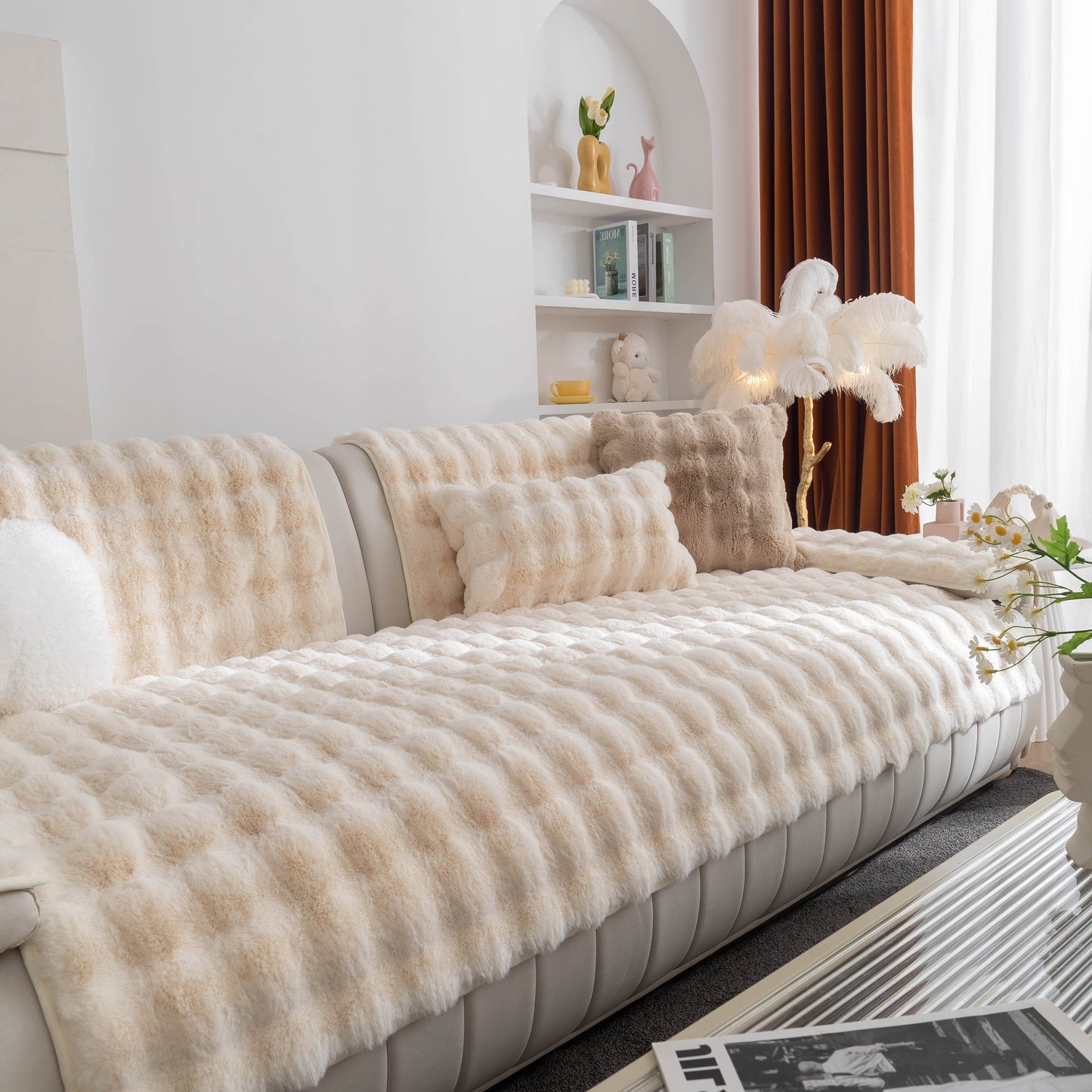 Thick Sofa Cushion Solid Color Faux Fur Fluffy Sofa Cushion Non-Slip Couch Covers on a modern sofa in a cozy living room setting.