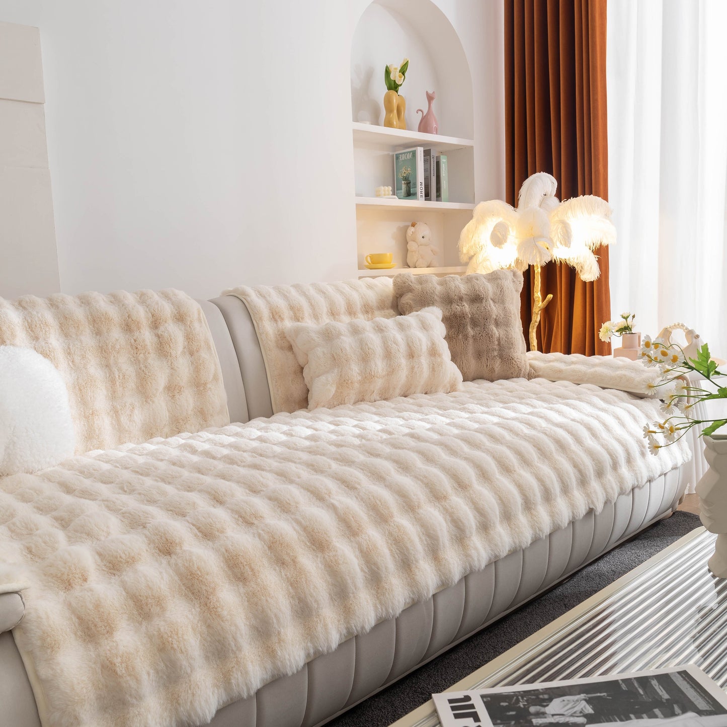 Thick Sofa Cushion Solid Color Faux Fur Fluffy Sofa Cushion Non-Slip Couch Covers on modern white sofa in cozy living room.