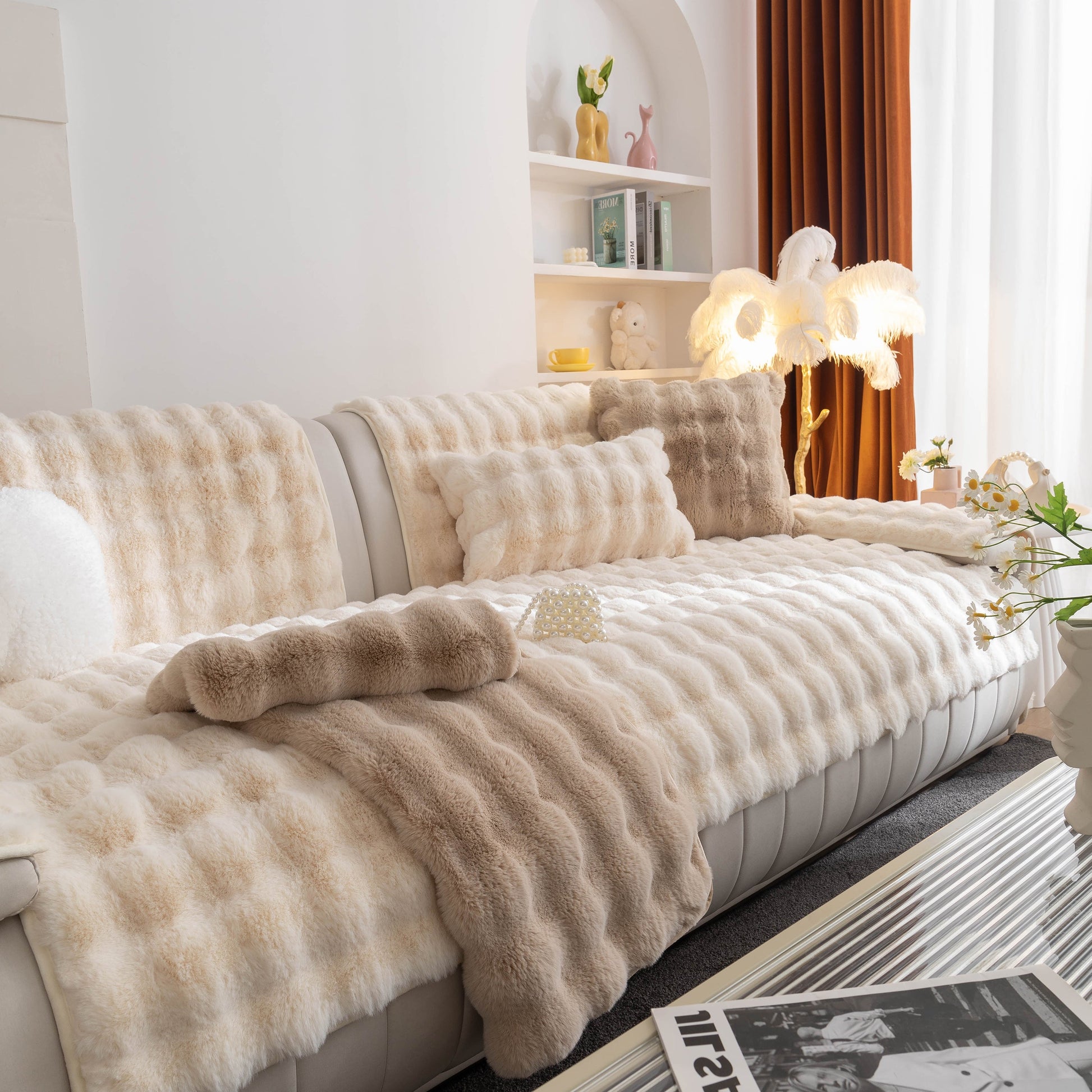 Thick Sofa Cushion Solid Color Faux Fur Fluffy Sofa Cushion Non-Slip Couch Covers on a contemporary white sofa for cozy luxury