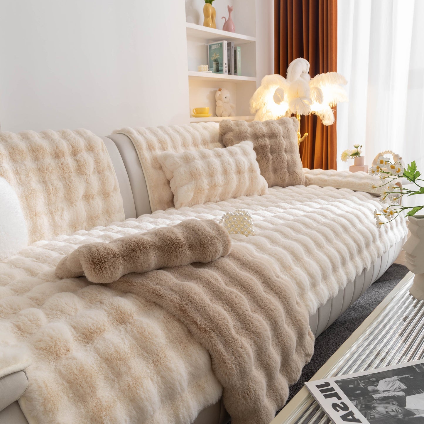 Cozy living room setup with Thick Sofa Cushion Solid Color Faux Fur Fluffy Sofa Cushion Non-Slip Couch Covers in beige tone on a modern sofa.
