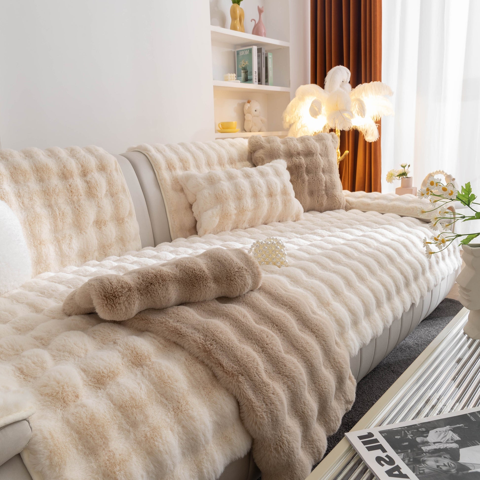 Cozy living room setup with Thick Sofa Cushion Solid Color Faux Fur Fluffy Sofa Cushion Non-Slip Couch Covers in beige tone on a modern sofa.