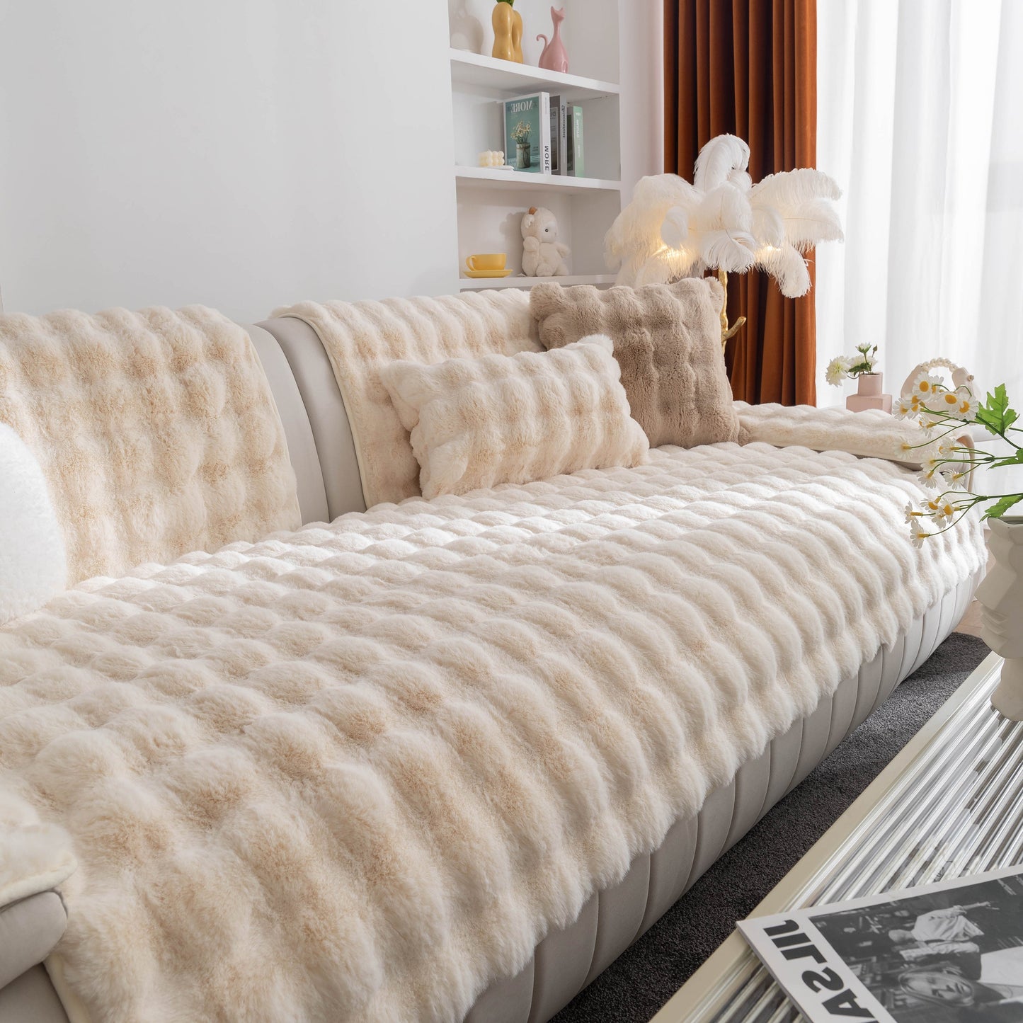 Luxurious thick sofa cushion with solid color faux fur, fluffy texture, and non-slip backing for cozy seating.
