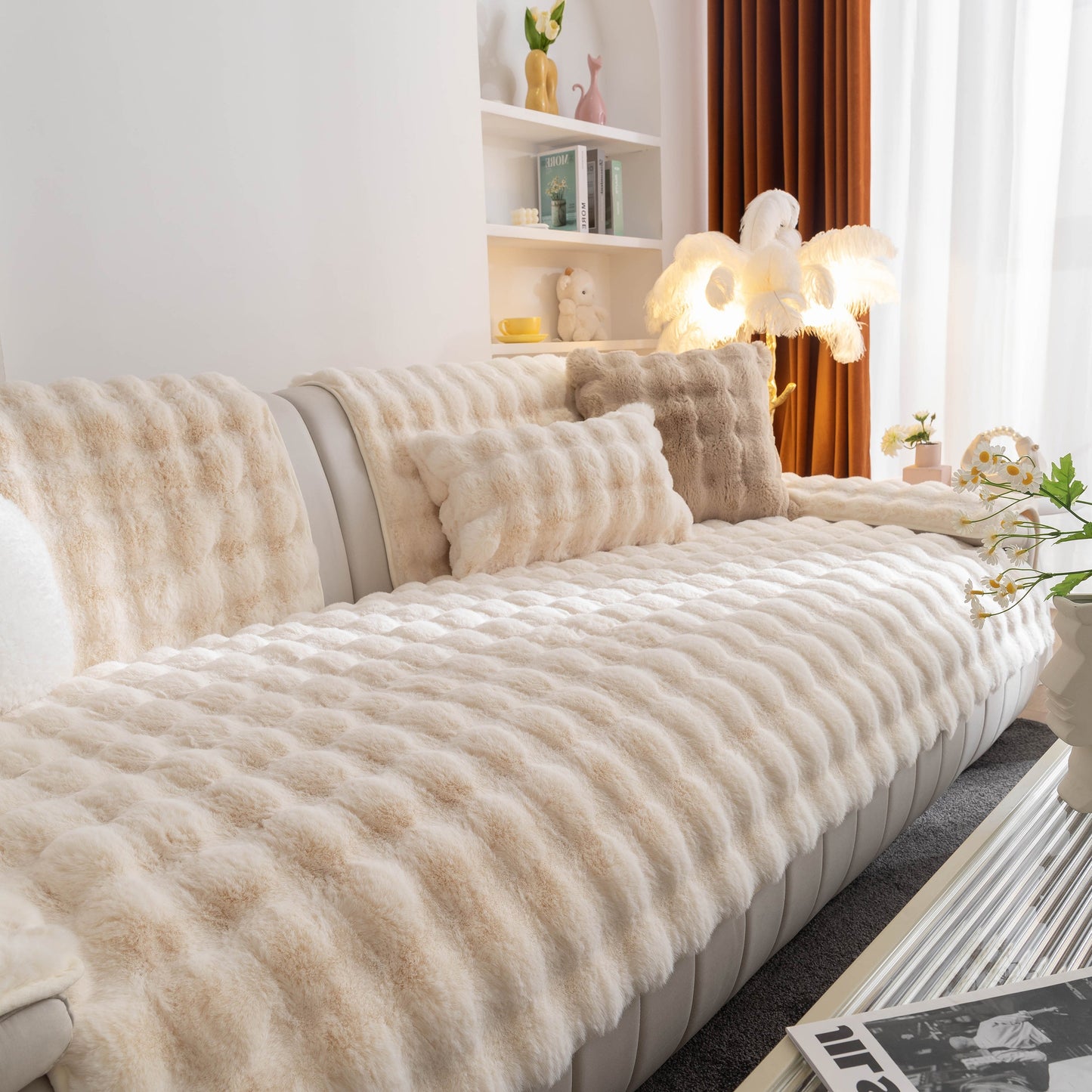 Thick Sofa Cushion Solid Color Faux Fur Fluffy Sofa Cushion Non-Slip Couch Covers enhancing a cozy living space.