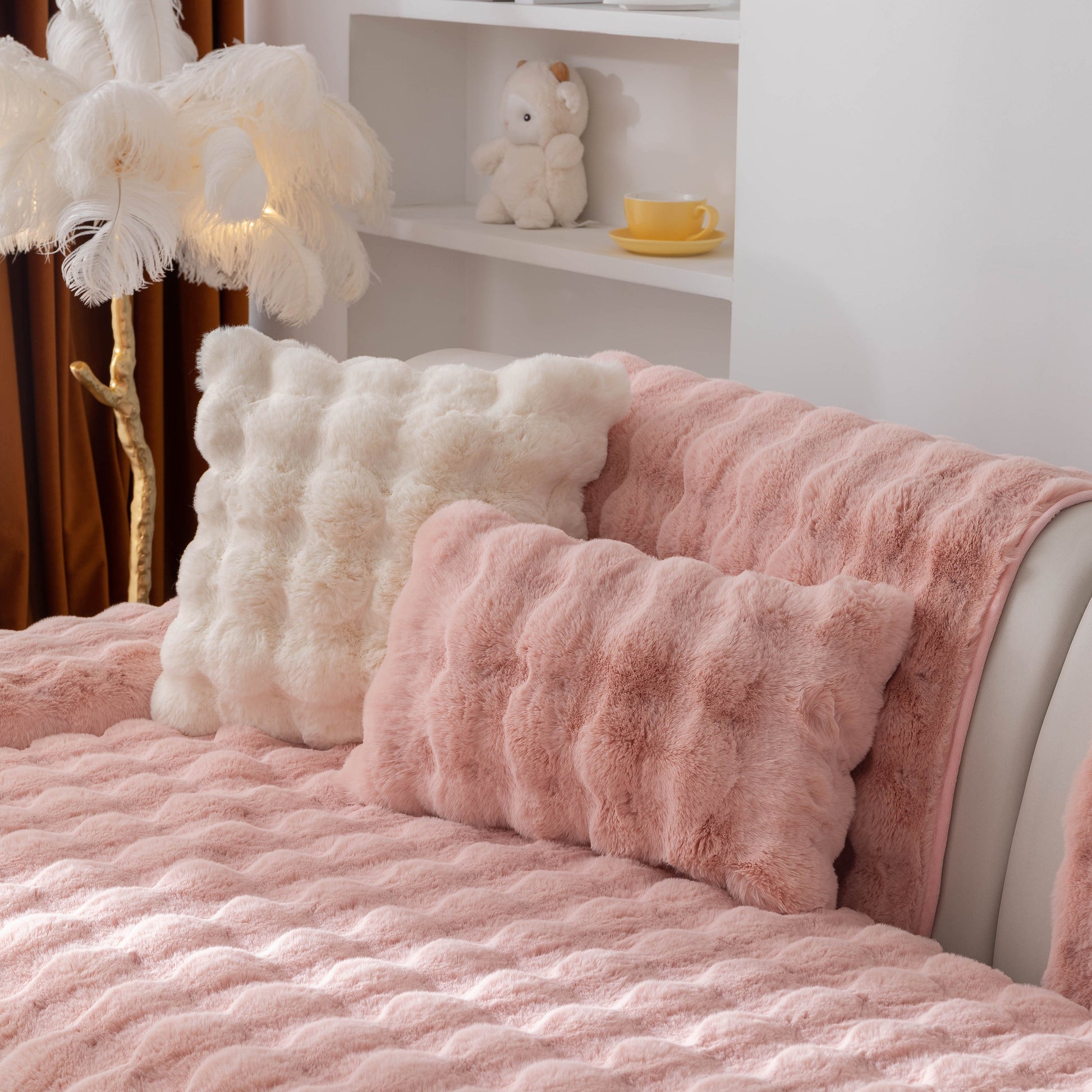 Thick Sofa Cushion Solid Color Faux Fur Fluffy Sofa Cushion Non-Slip Couch Covers in a cozy living room setting.