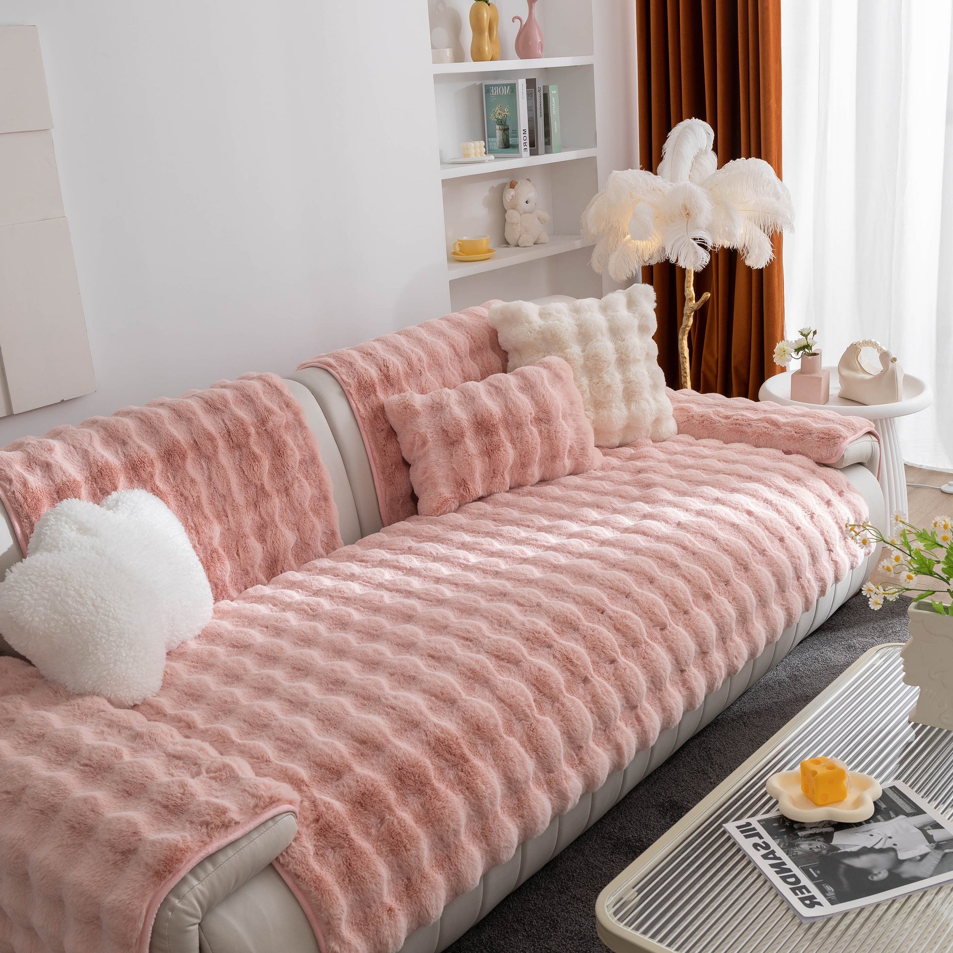 Thick Sofa Cushion Solid Color Faux Fur Fluffy Sofa Cushion Non-Slip Couch Covers in a cozy living room setting.