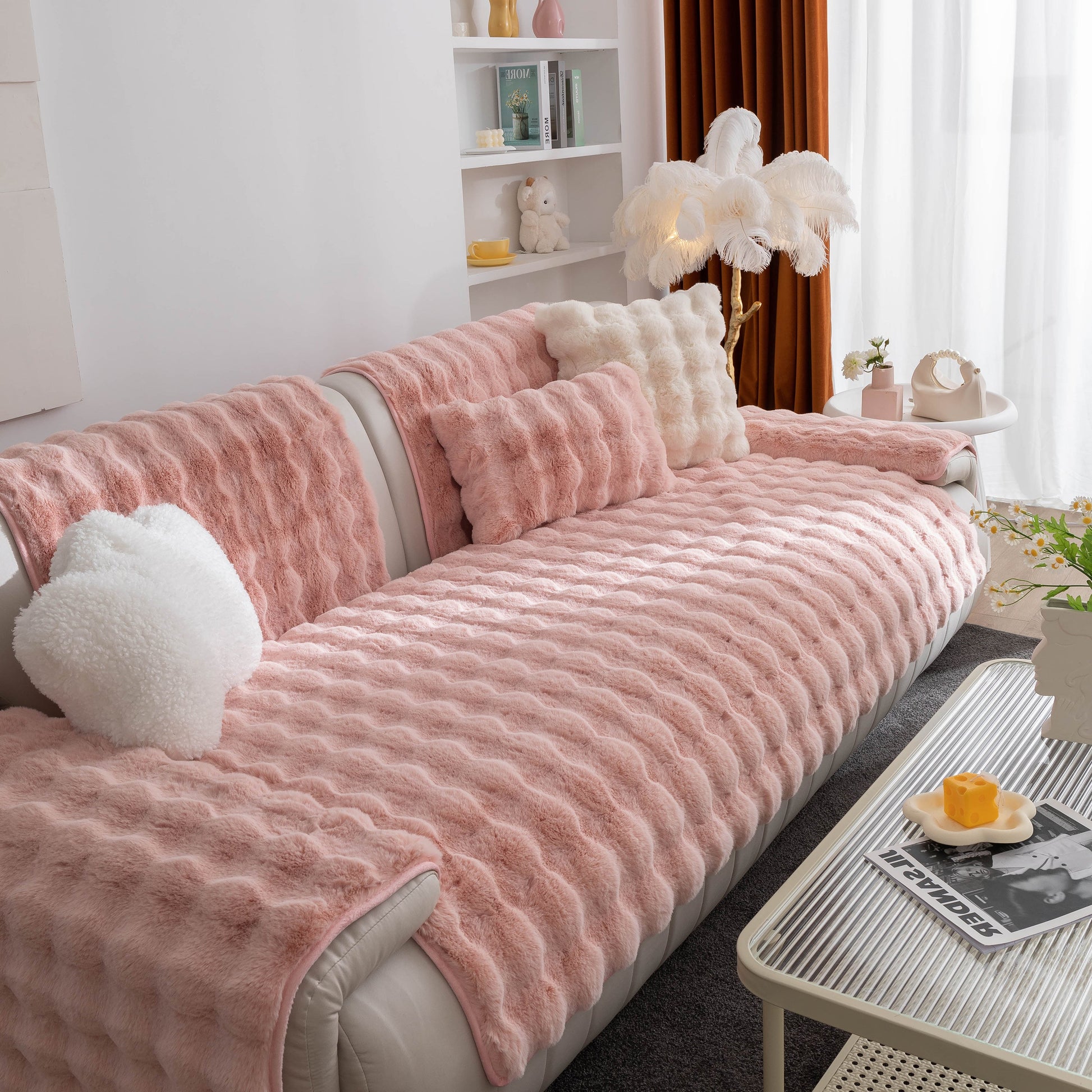 Thick Sofa Cushion Solid Color Faux Fur Fluffy Sofa Cushion Non-Slip Couch Covers in cozy living room setting