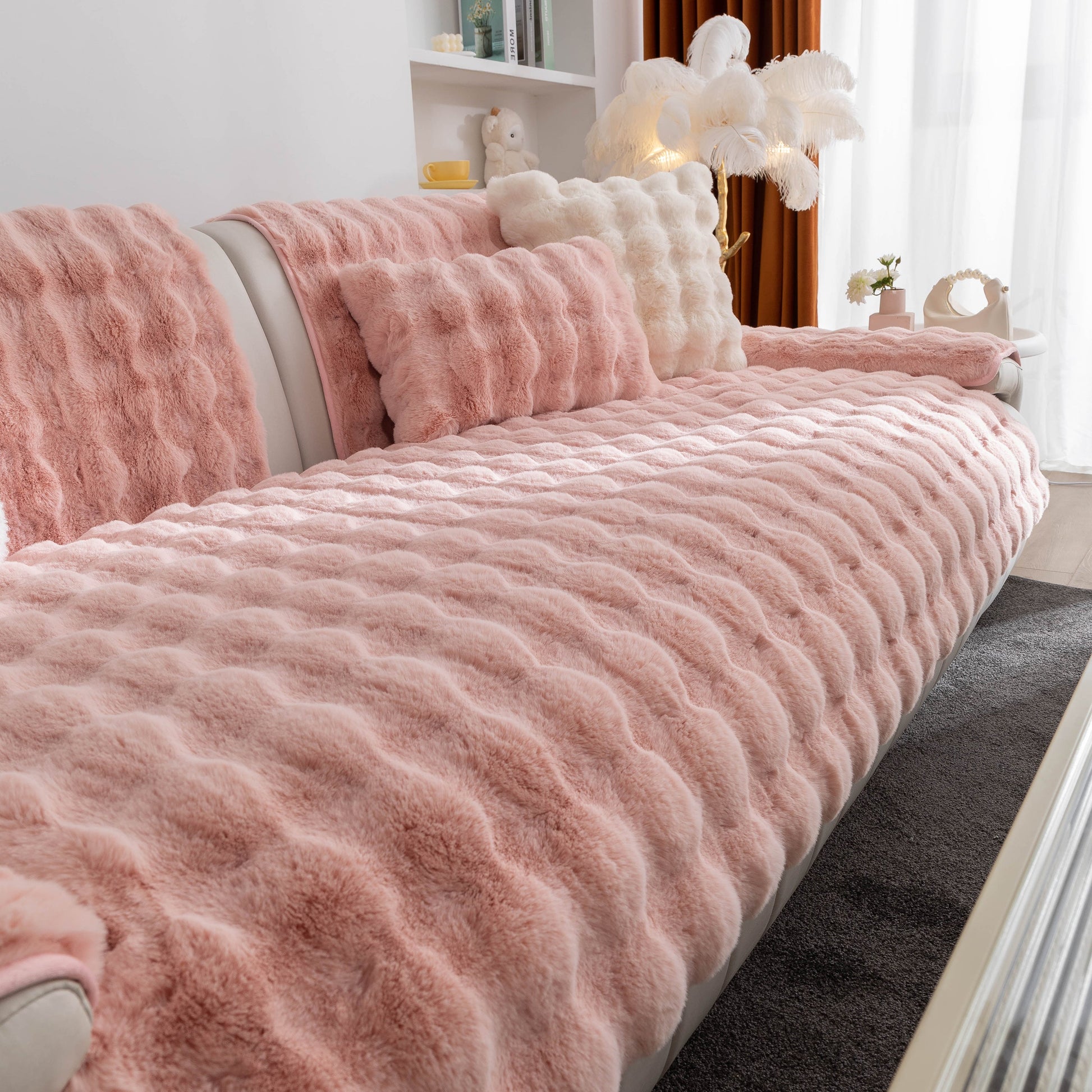 Thick Sofa Cushion Solid Color Faux Fur Fluffy Sofa Cushion Non-Slip Couch Covers in a cozy living room setting.