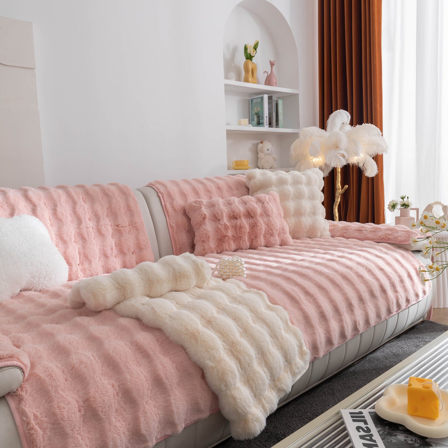 Thick Sofa Cushion Solid Color Faux Fur Fluffy Sofa Cushion Non-Slip Couch Covers on a cozy living room sofa.