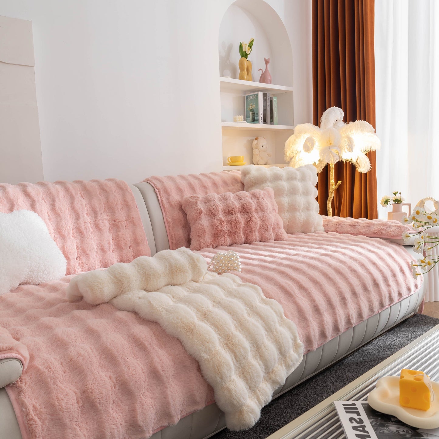 Cozy living room scene featuring Thick Sofa Cushion Solid Color Faux Fur Fluffy Sofa Cushion Non-Slip Couch Covers in pink.