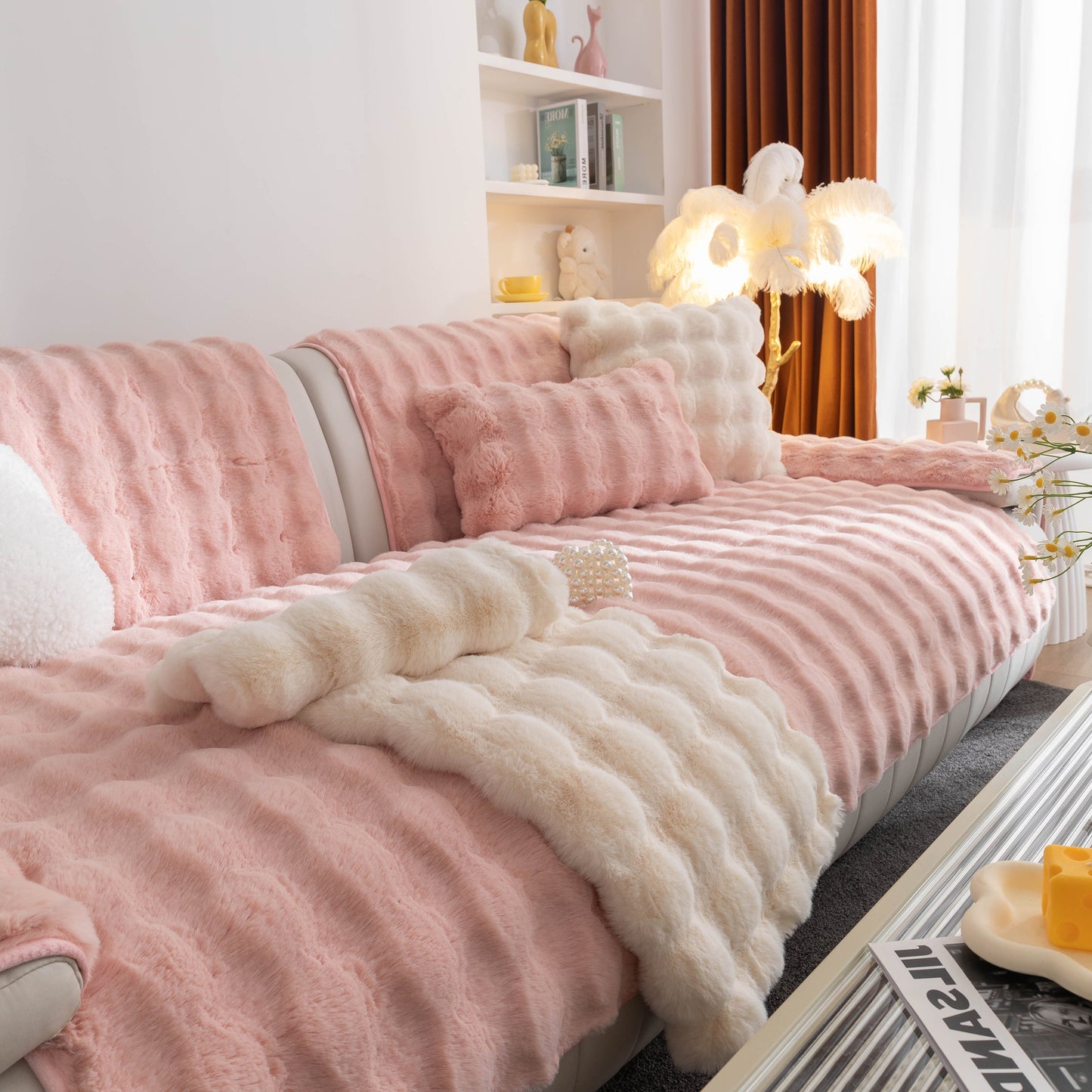 Thick Sofa Cushion Solid Color Faux Fur Fluffy Sofa Cushion Non-Slip Couch Covers in a cozy living room setting