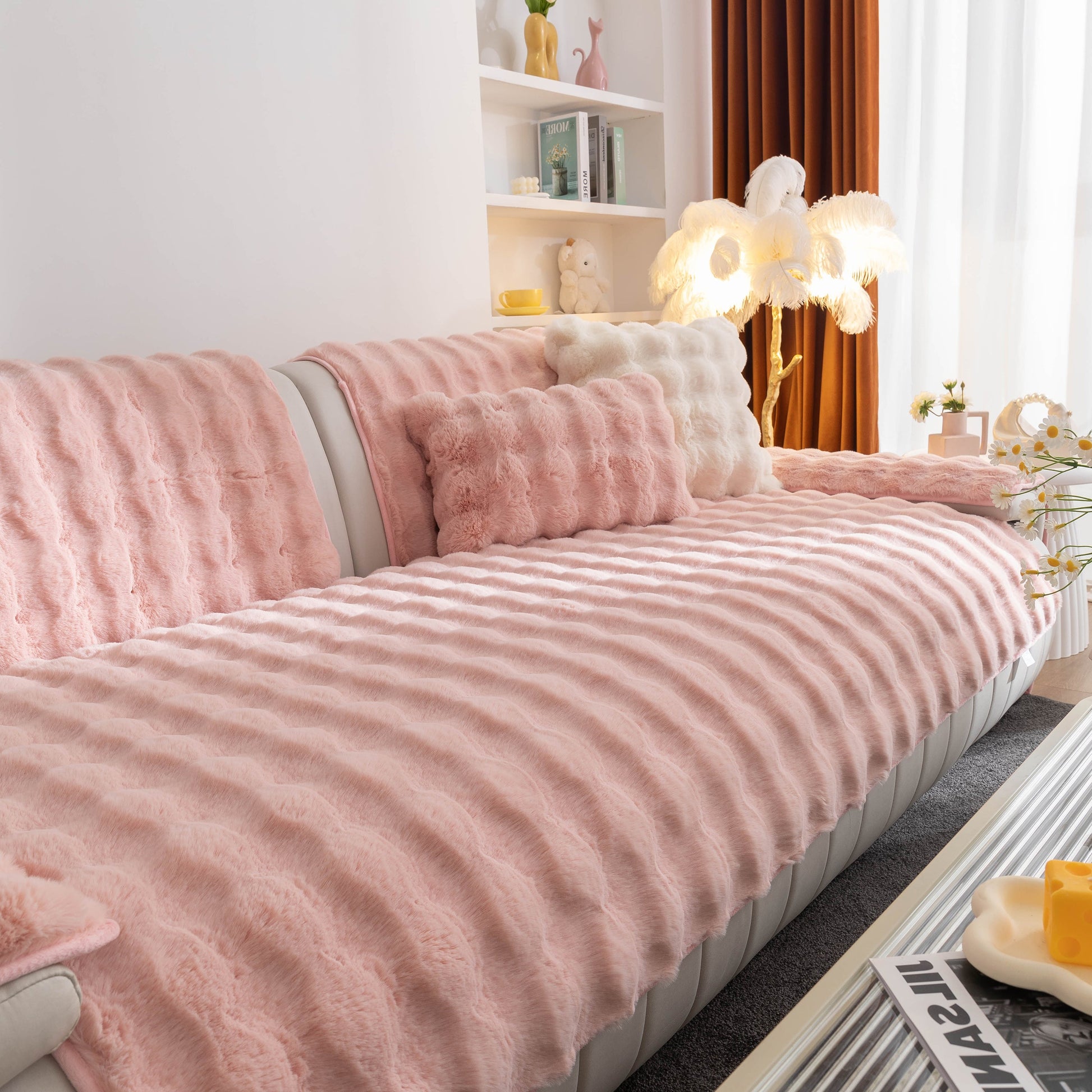Thick Sofa Cushion Solid Color Faux Fur Fluffy Sofa Cushion Non-Slip Couch Covers for enhanced comfort and luxury in living space.