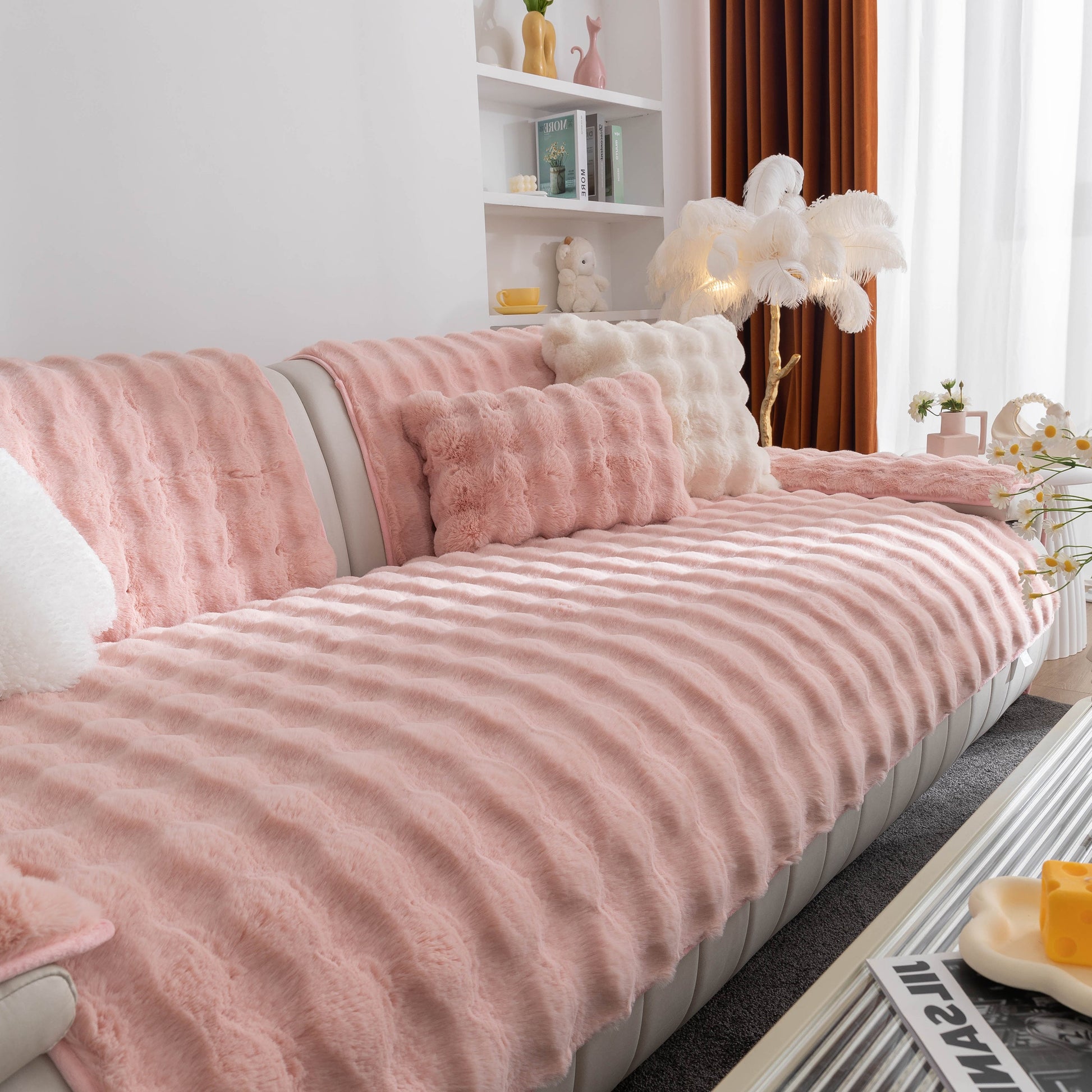 Thick Sofa Cushion Solid Color Faux Fur Fluffy Sofa Cushion Non-Slip Couch Covers in soft pink on modern sofa enhancing living space.