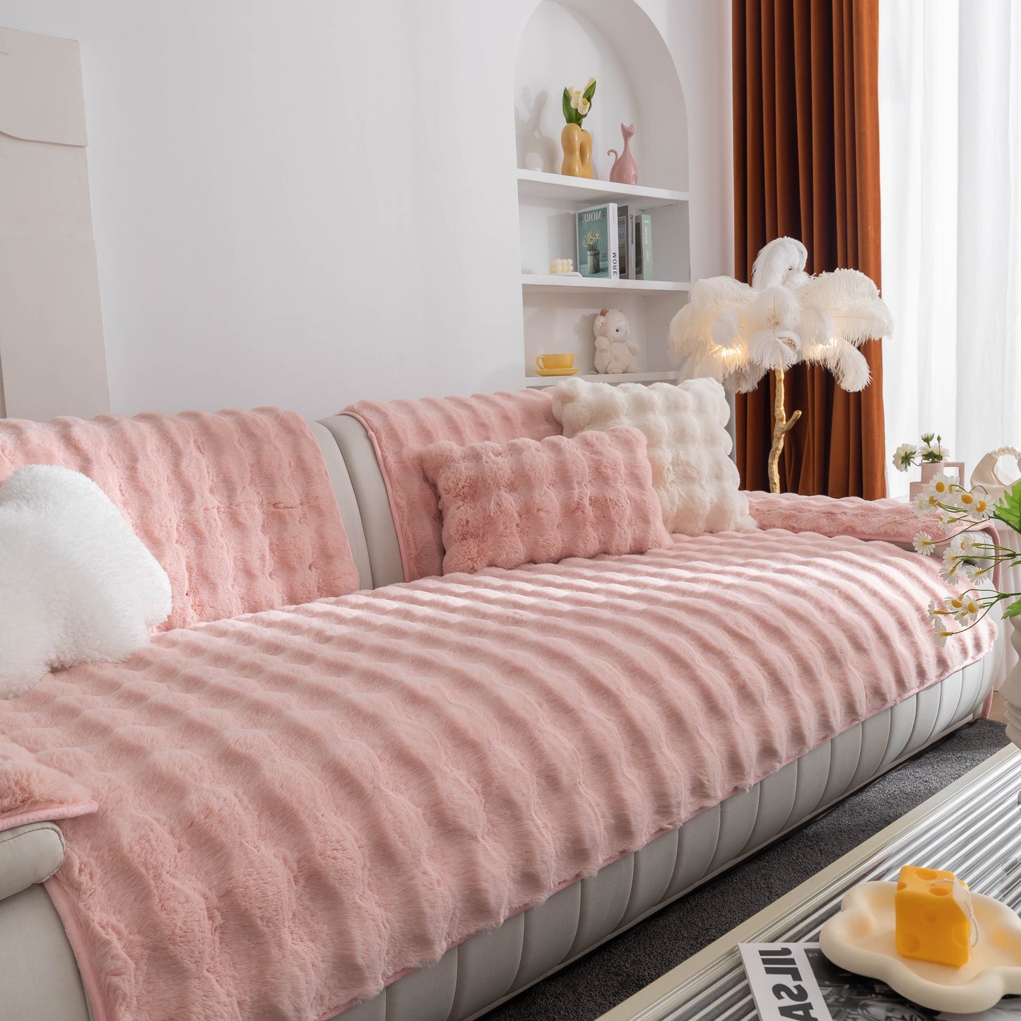 Thick Sofa Cushion Solid Color Faux Fur Fluffy Sofa Cushion Non-Slip Couch Covers in a luxurious pink setting on a stylish couch.
