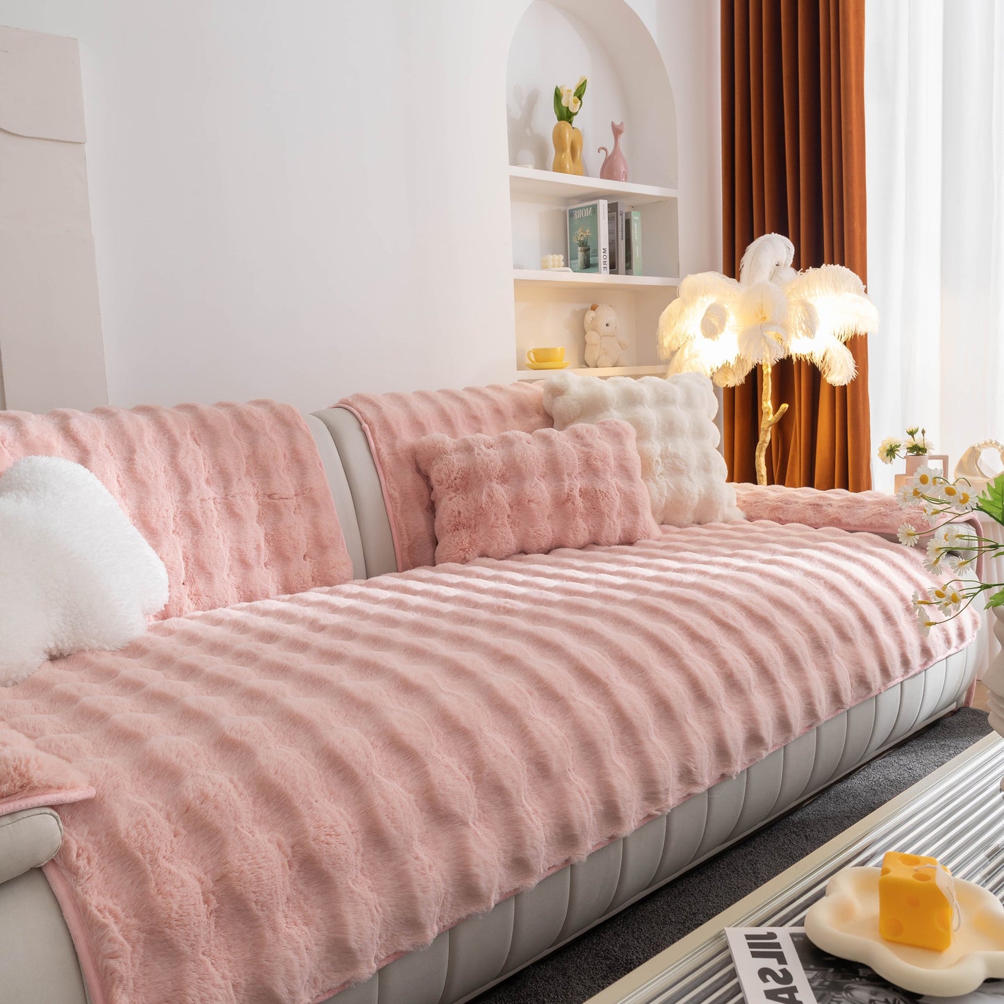 Thick Sofa Cushion Solid Color Faux Fur Fluffy Sofa Cushion Non-Slip Couch Covers in a cozy living room setting