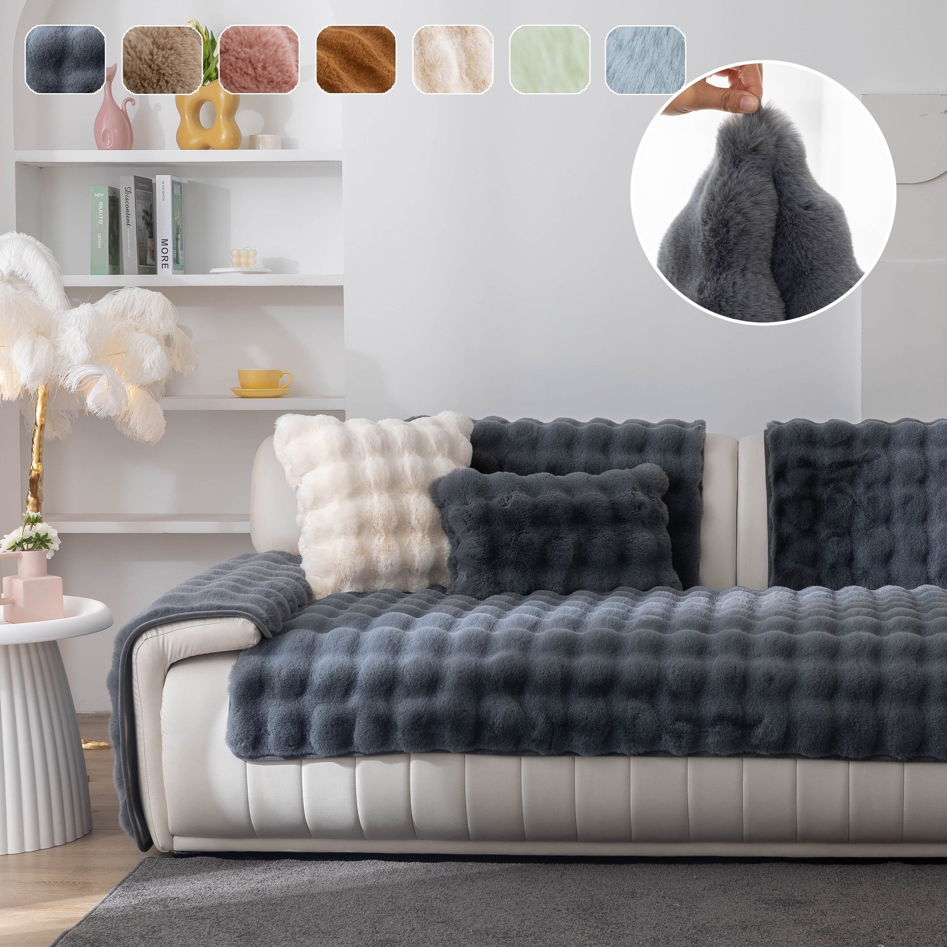 Thick Sofa Cushion Solid Color Faux Fur Fluffy Sofa Cushion Non-Slip Couch Covers on a stylish modern sofa in a living room setting.