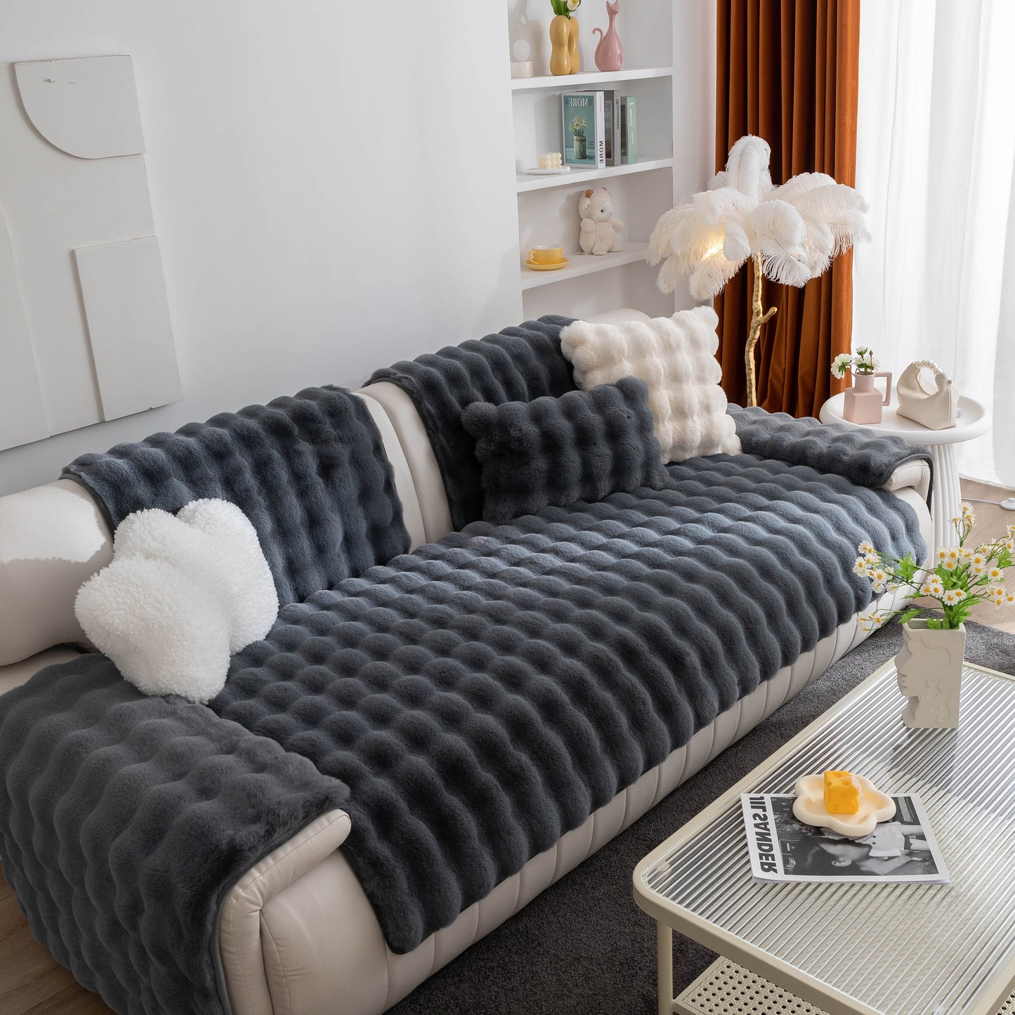 Thick Sofa Cushion Solid Color Faux Fur Fluffy Sofa Cushion Non-Slip Couch Covers on a cozy living room sofa