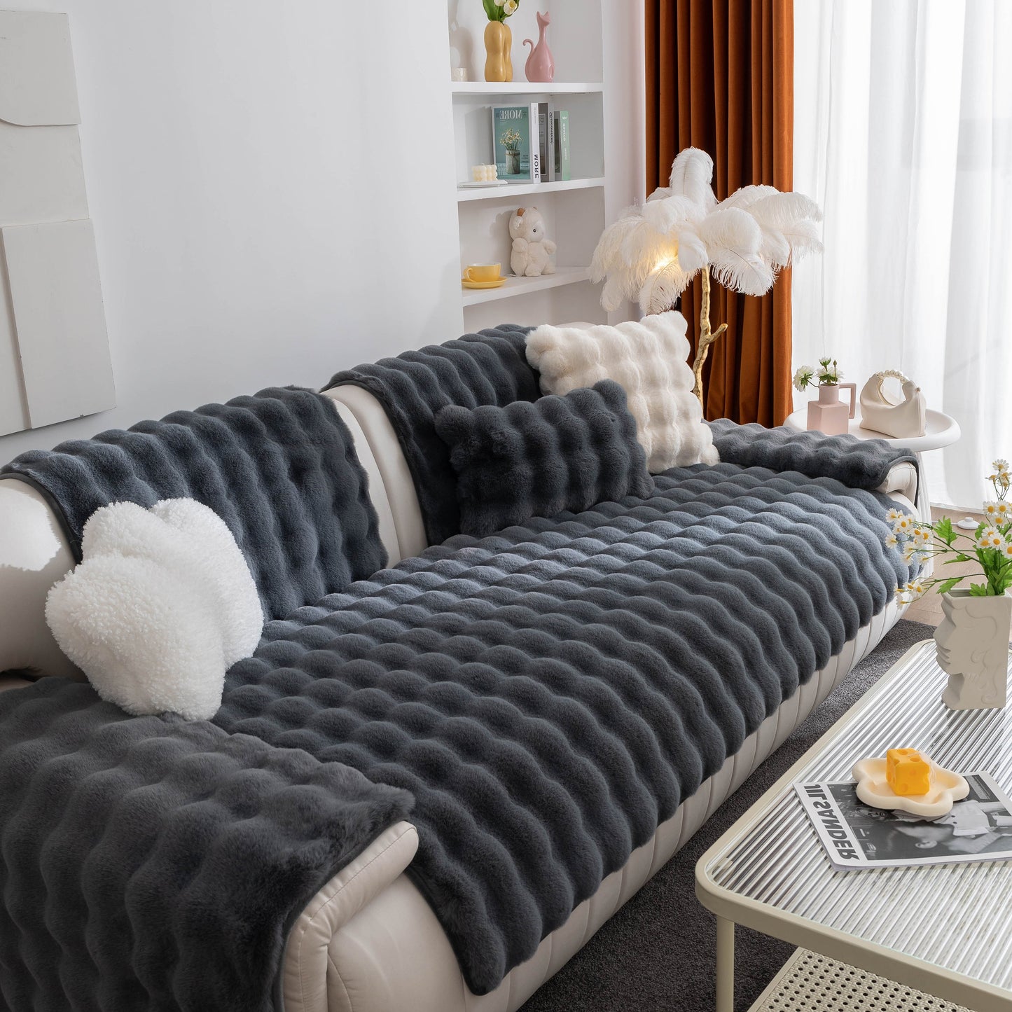 Living room with Thick Sofa Cushion Solid Color Faux Fur Fluffy Sofa Cushion Non-Slip Couch Covers on a white sofa
