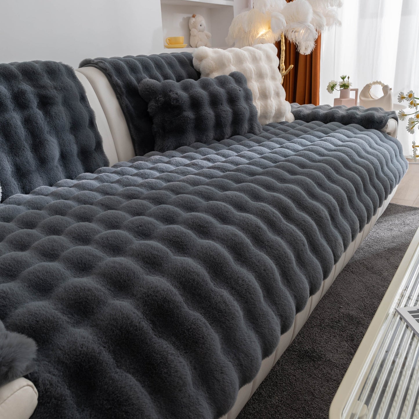 Thick Sofa Cushion Solid Color Faux Fur Fluffy Sofa Cushion Non-Slip Couch Covers in luxurious grey on a modern sofa