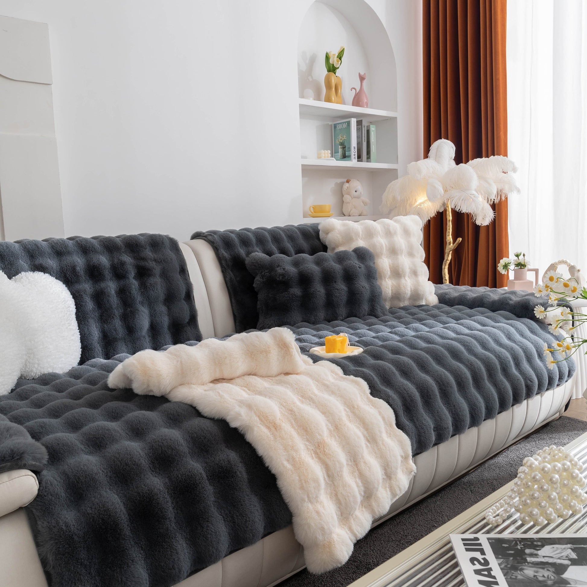 Thick Sofa Cushion Solid Color Faux Fur Fluffy Sofa Cushion Non-Slip Couch Covers in a living room setting