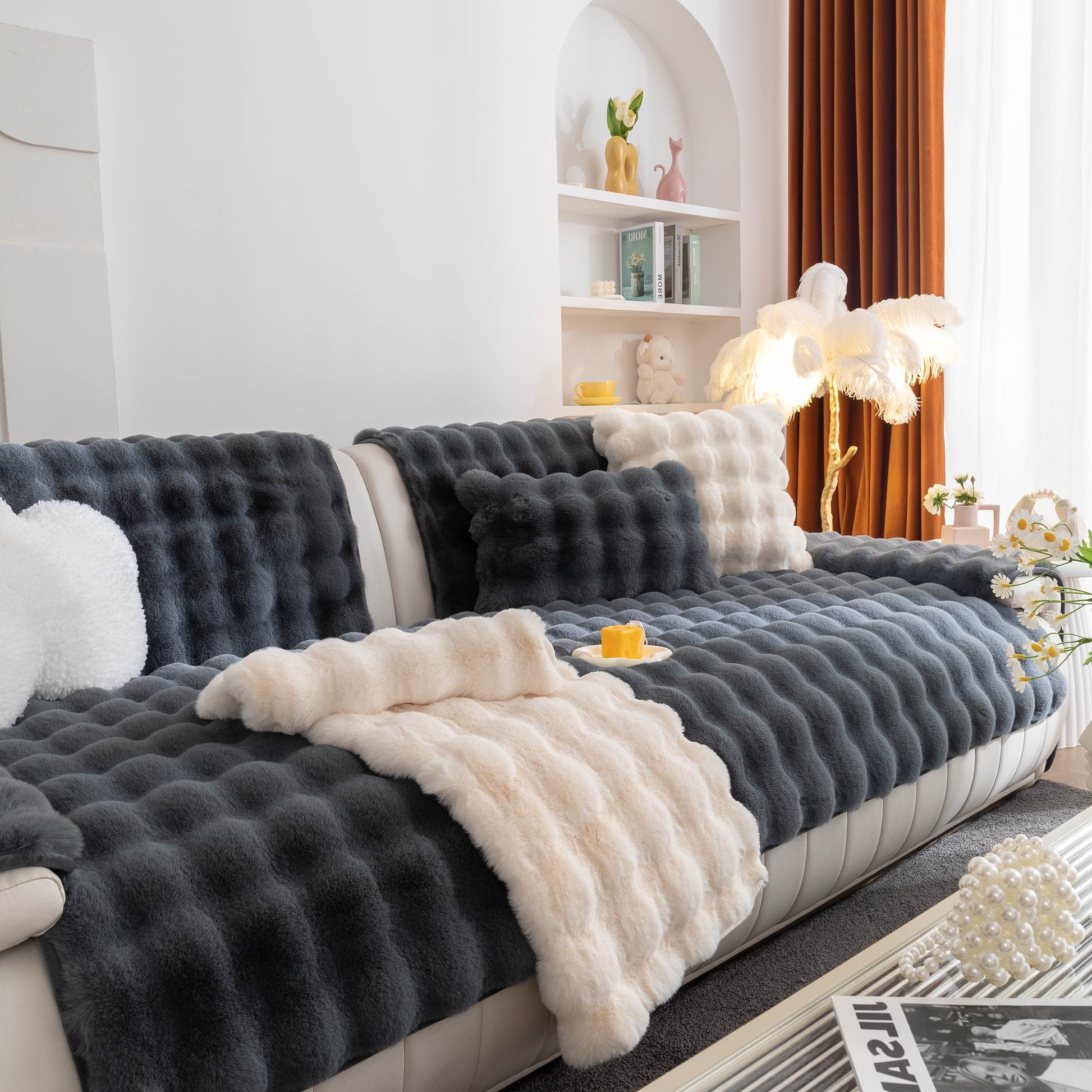 Thick Sofa Cushion Solid Color Faux Fur Fluffy Sofa Cushion Non-Slip Couch Covers on modern sofa in cozy living room setting