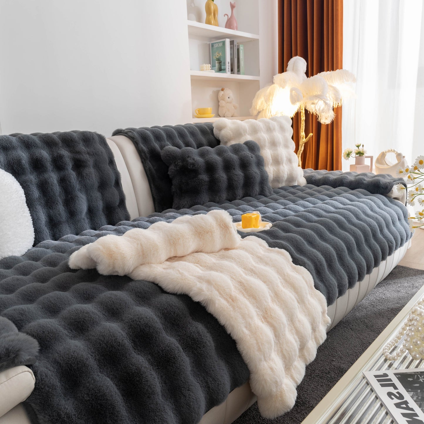 Thick Sofa Cushion Solid Color Faux Fur Fluffy Sofa Cushion Non-Slip Couch Covers on a luxurious sofa in a cozy living room setting