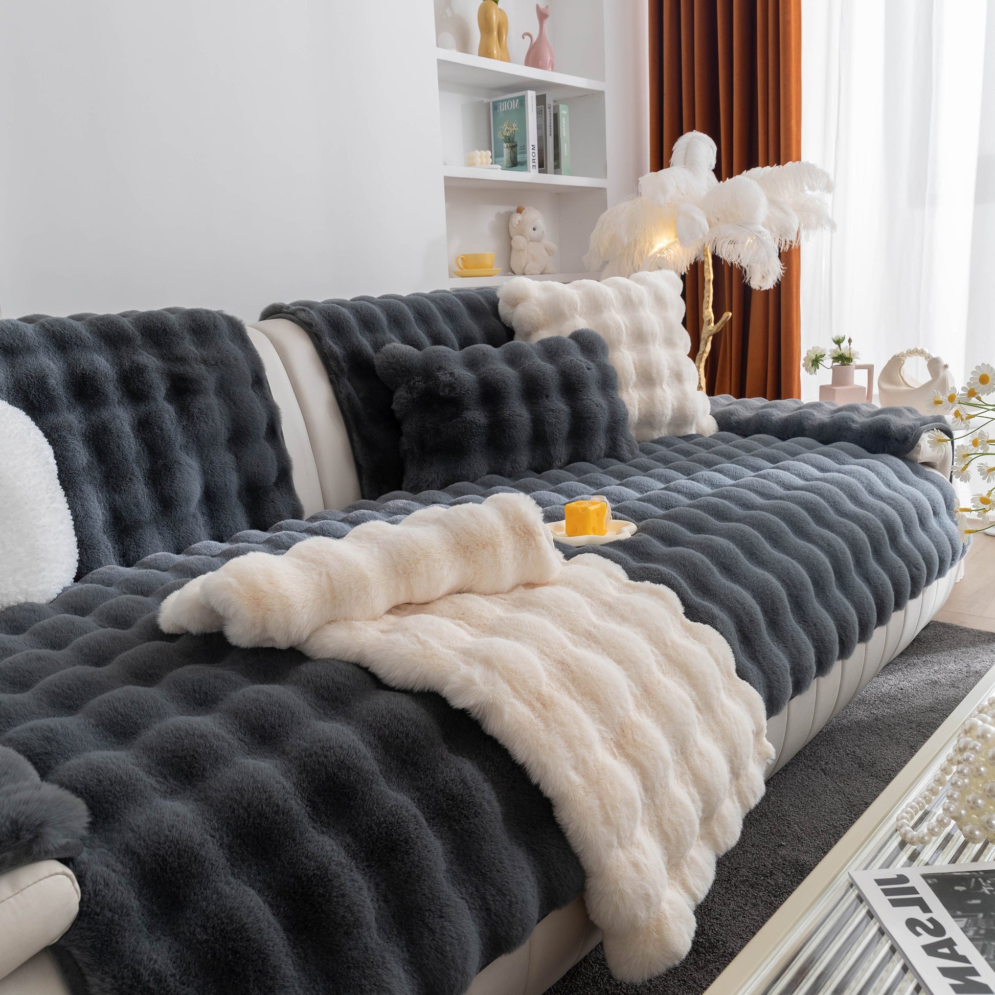 Thick Sofa Cushion Solid Color Faux Fur Fluffy Sofa Cushion Non-Slip Couch Covers in a modern living room setting, enhancing comfort and style.