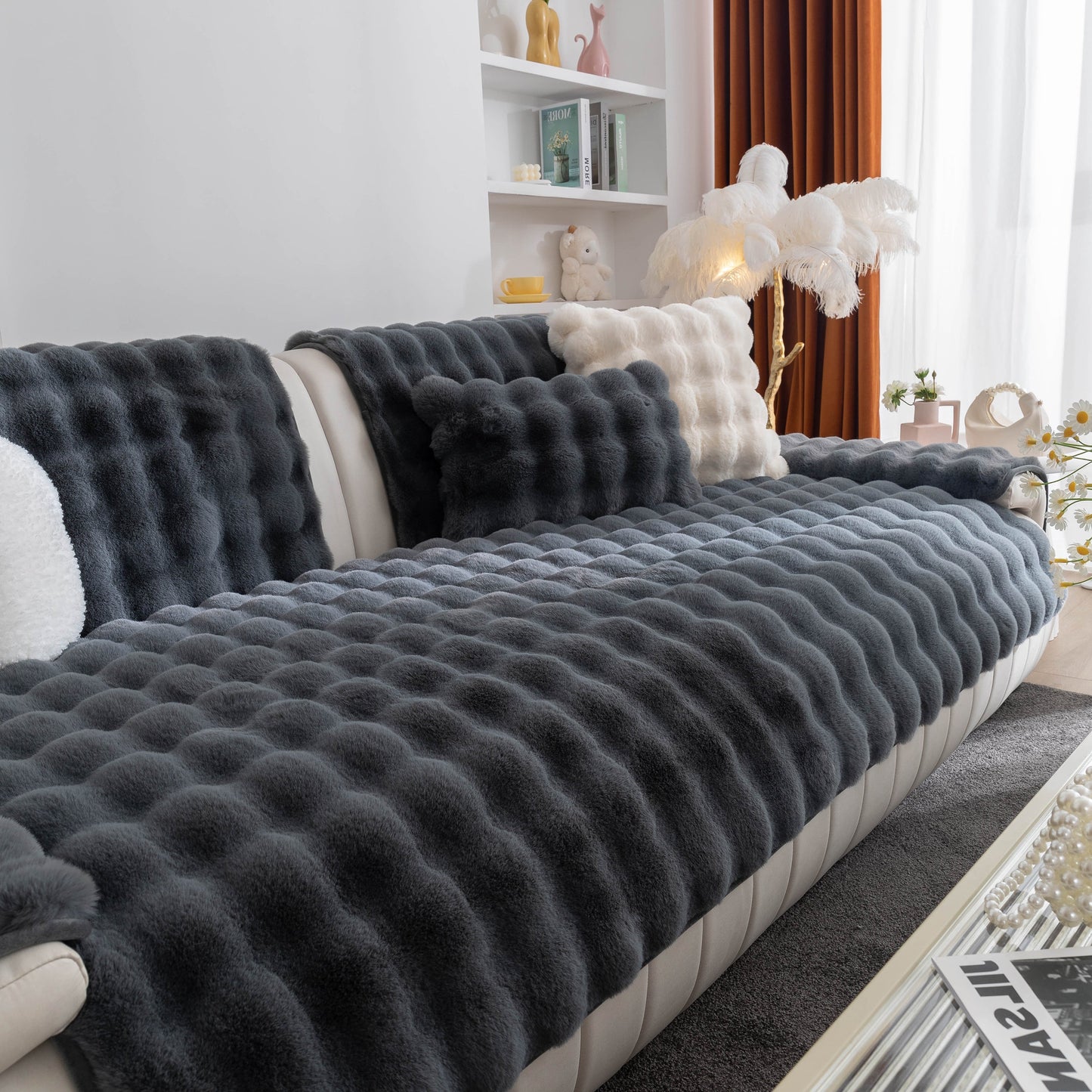 Luxury thick sofa cushion solid color faux fur fluffy sofa cushion non-slip couch covers on modern living room furniture.