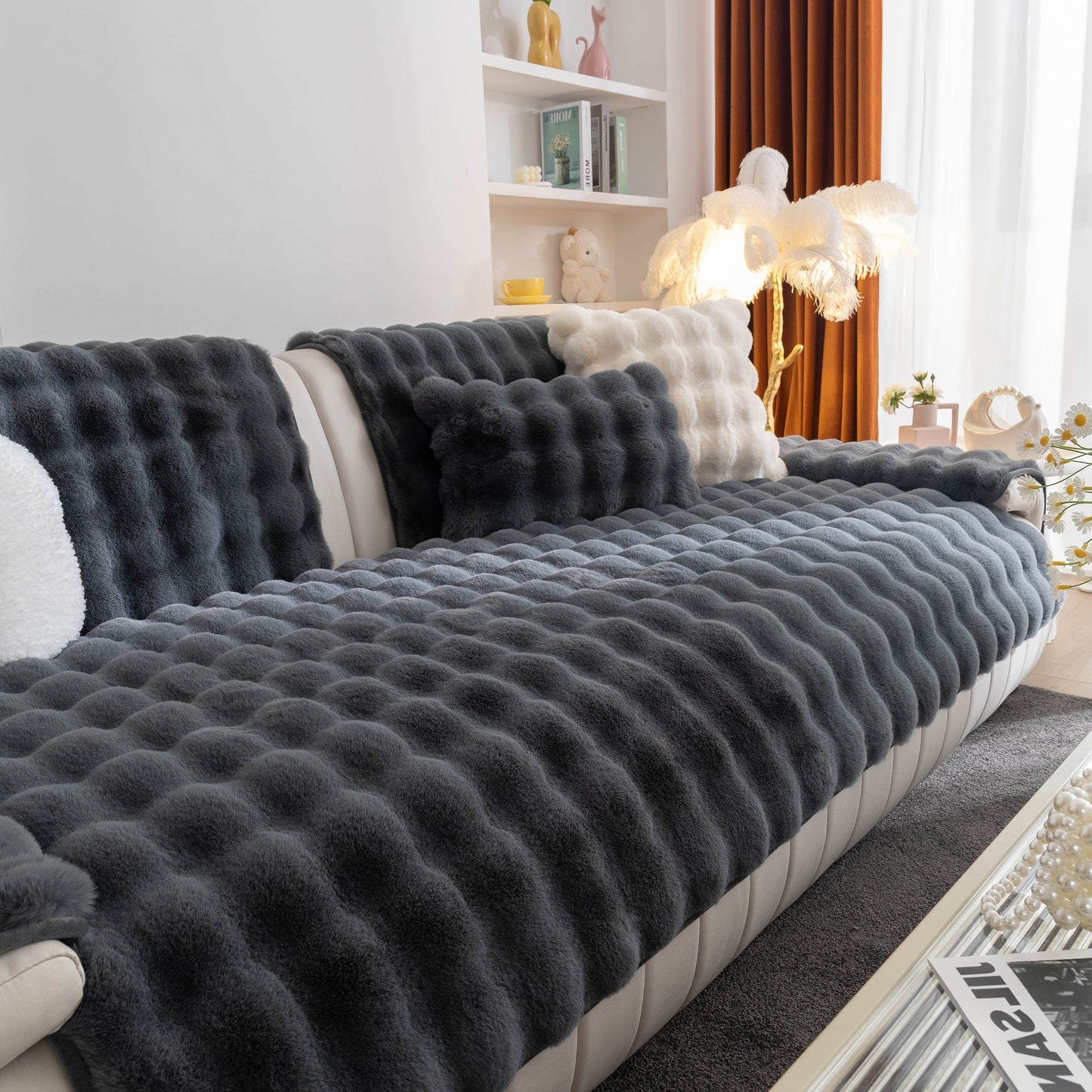 Thick Sofa Cushion Solid Color Faux Fur Fluffy Sofa Cushion Non-Slip Couch Covers in cozy modern living room.