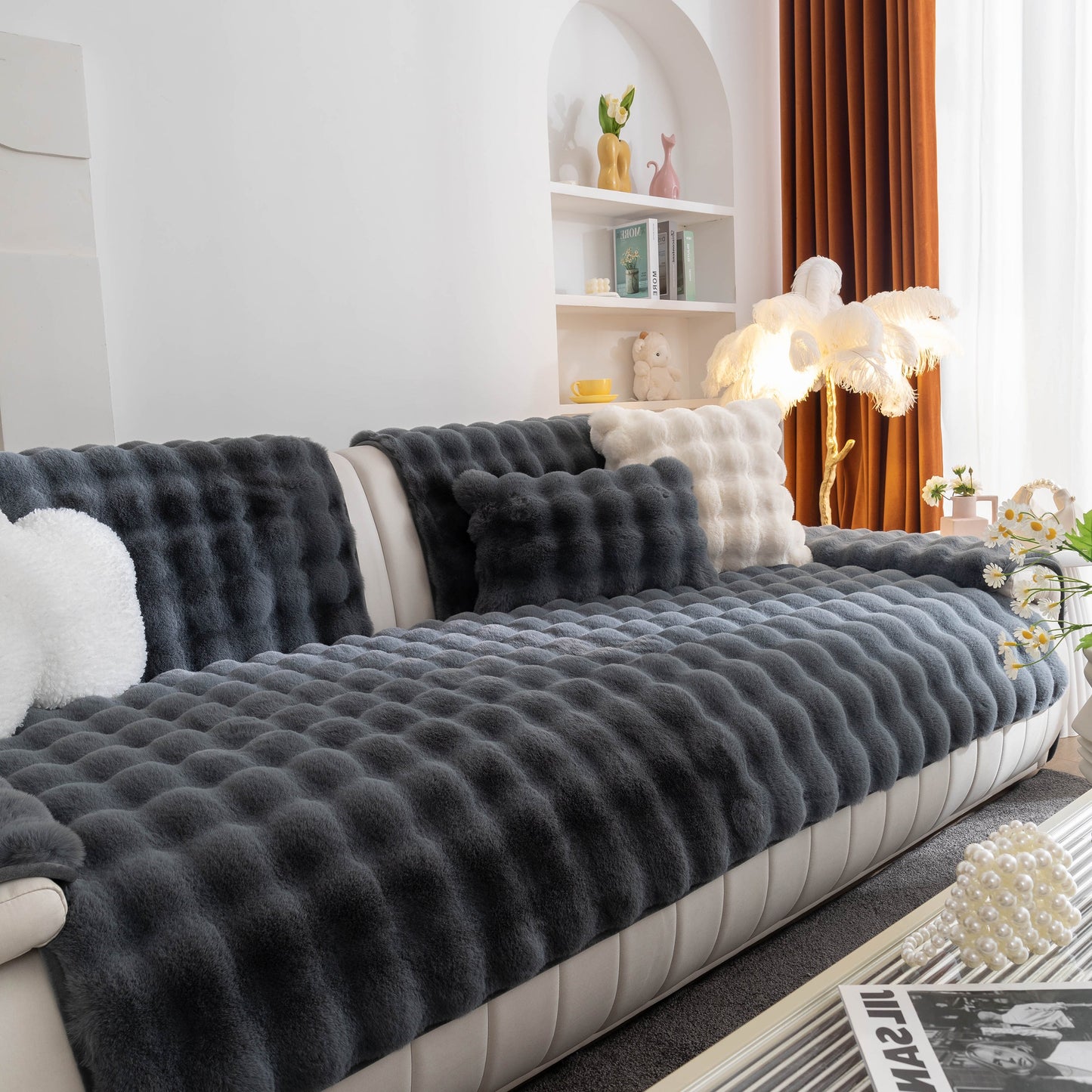 Elegant living room showcasing Thick Sofa Cushion Solid Color Faux Fur Fluffy Sofa Cushion Non-Slip Couch Covers in a modern setting