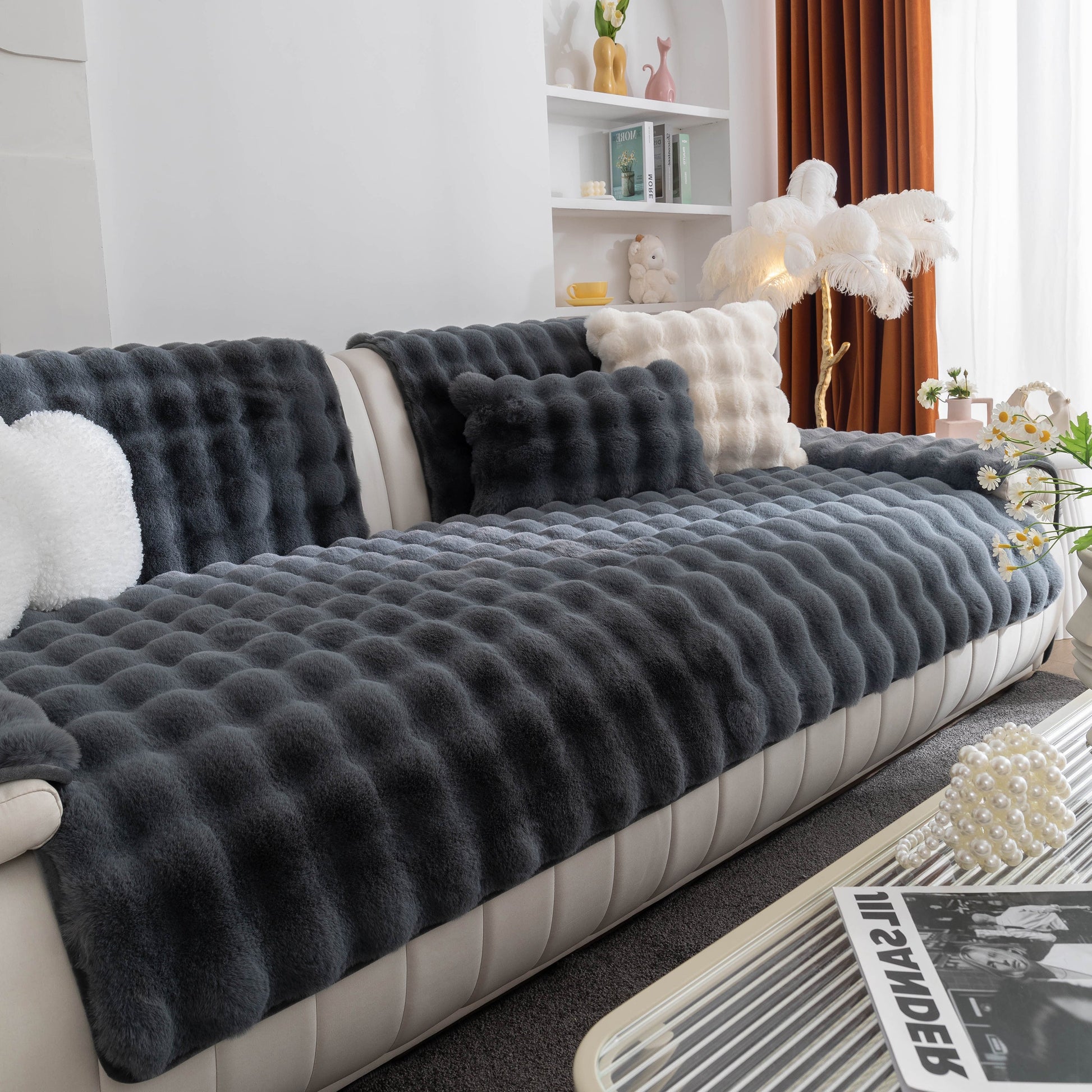 Thick Sofa Cushion Solid Color Faux Fur Fluffy Sofa Cushion Non-Slip Couch Covers on modern living room sofa