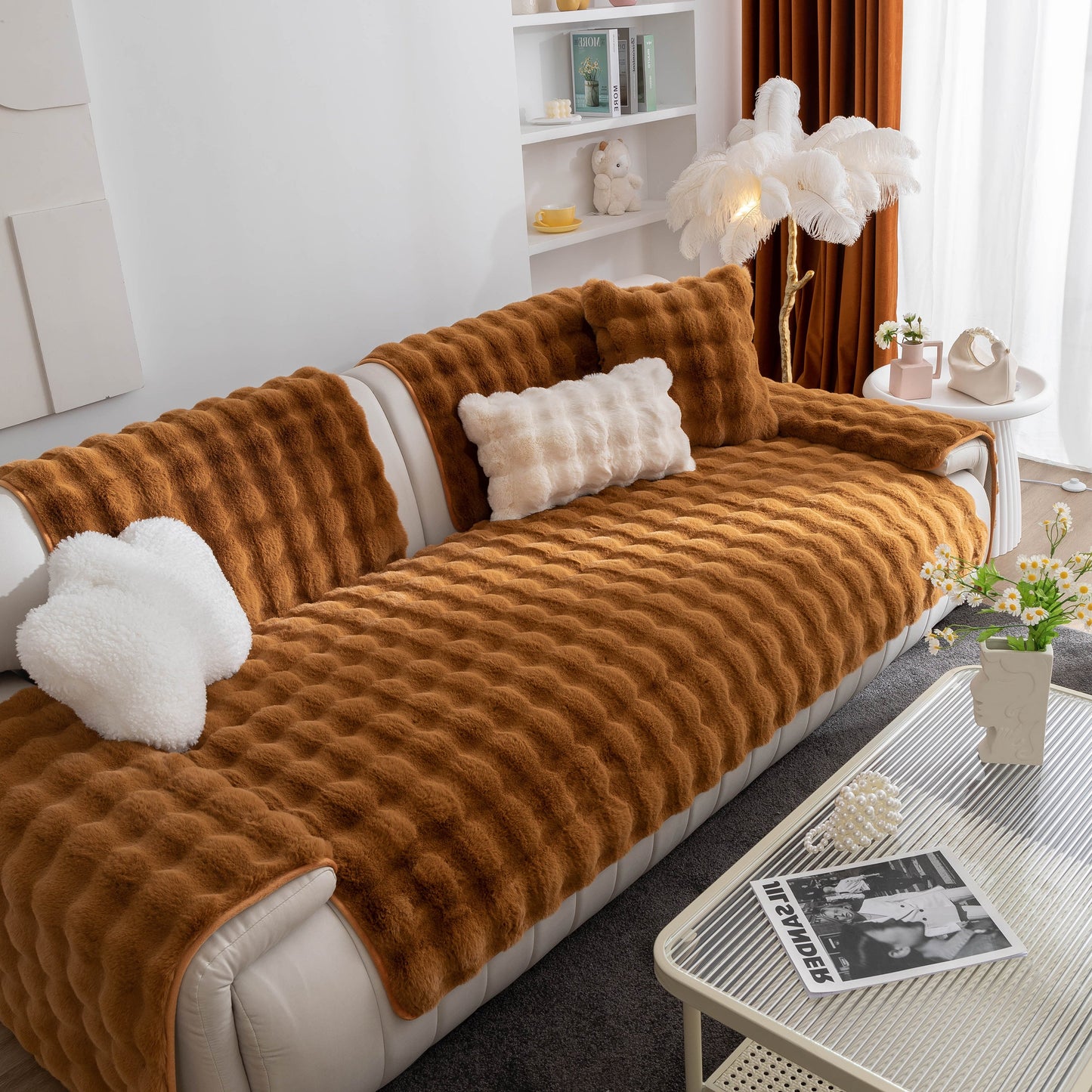Thick Sofa Cushion Solid Color Faux Fur Fluffy Sofa Cushion Non-Slip Couch Covers in a cozy living room setting.