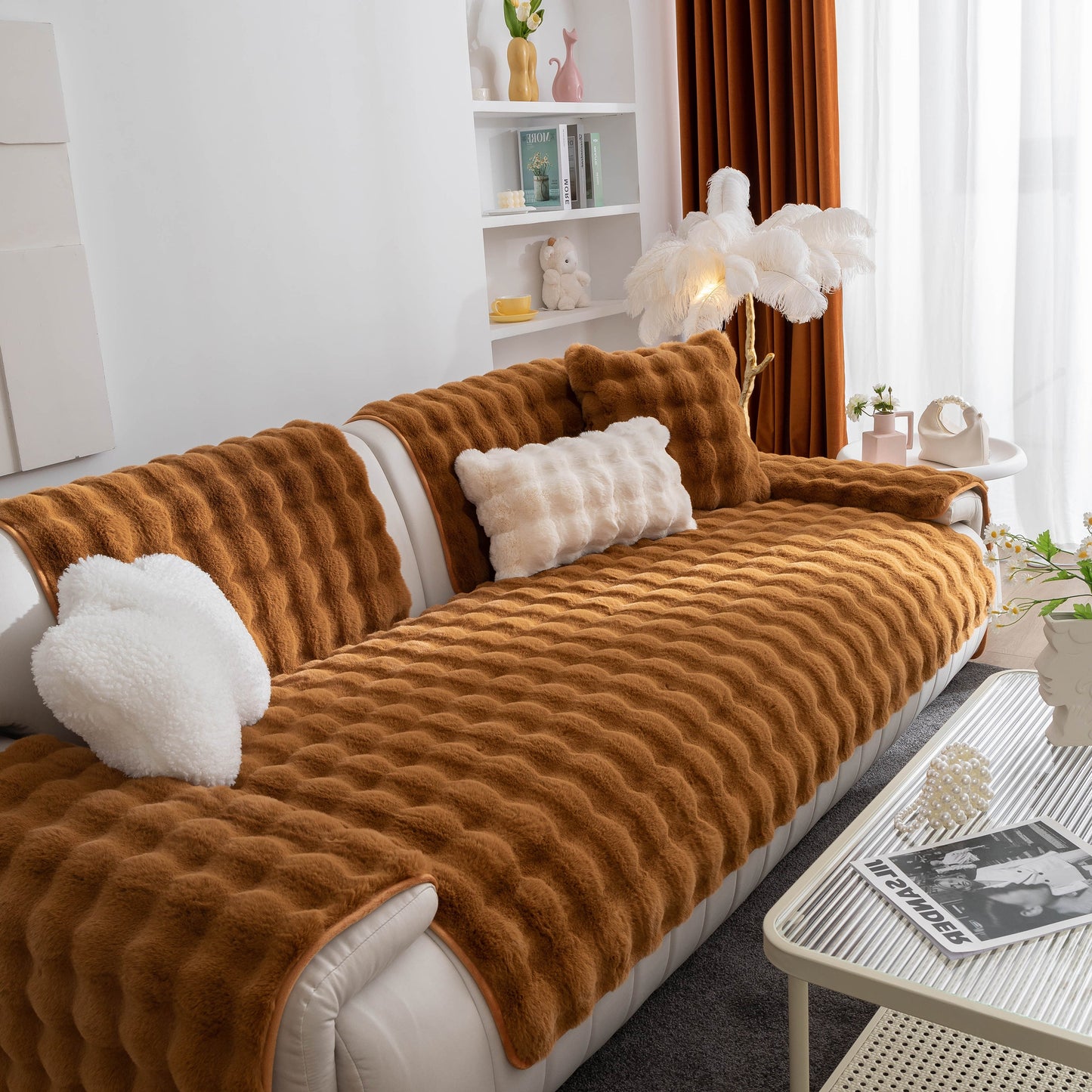 Thick Sofa Cushion Solid Color Faux Fur Fluffy Sofa Cushion Non-Slip Couch Covers in cozy living room setting