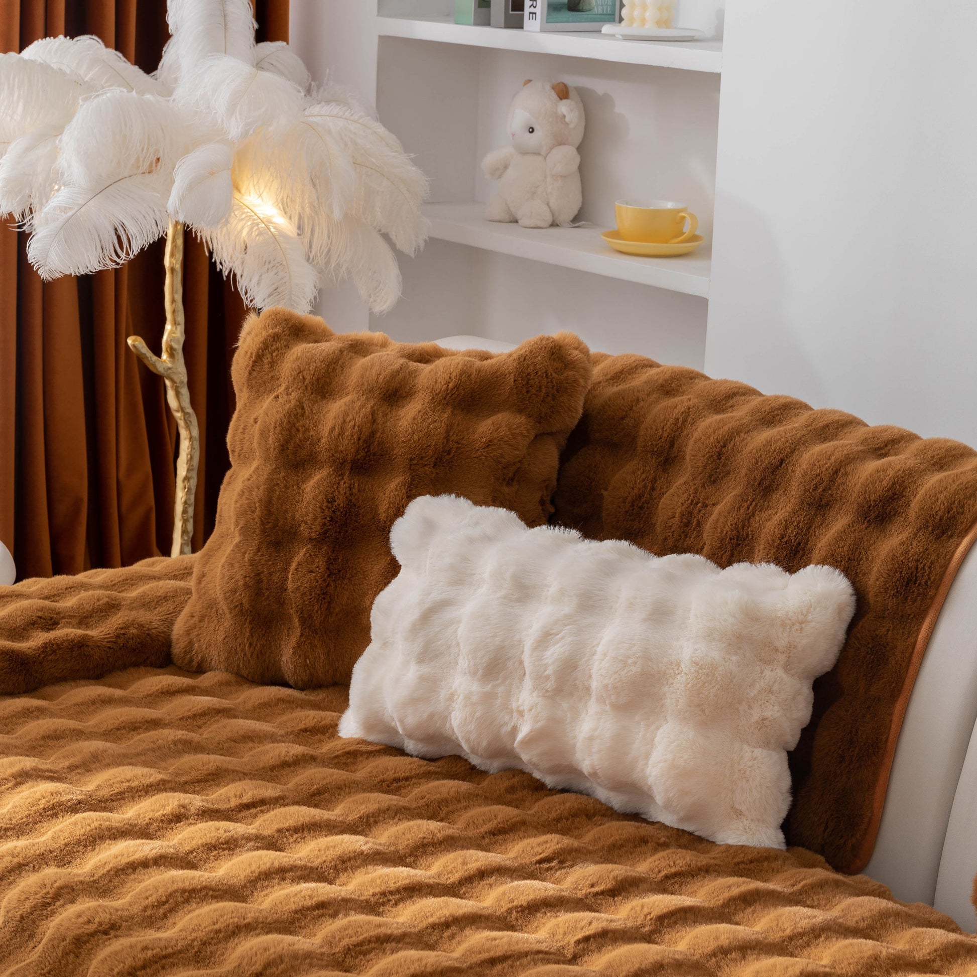 Thick Sofa Cushion Solid Color Faux Fur Fluffy Sofa Cushion Non-Slip Couch Covers in a cozy living room setting