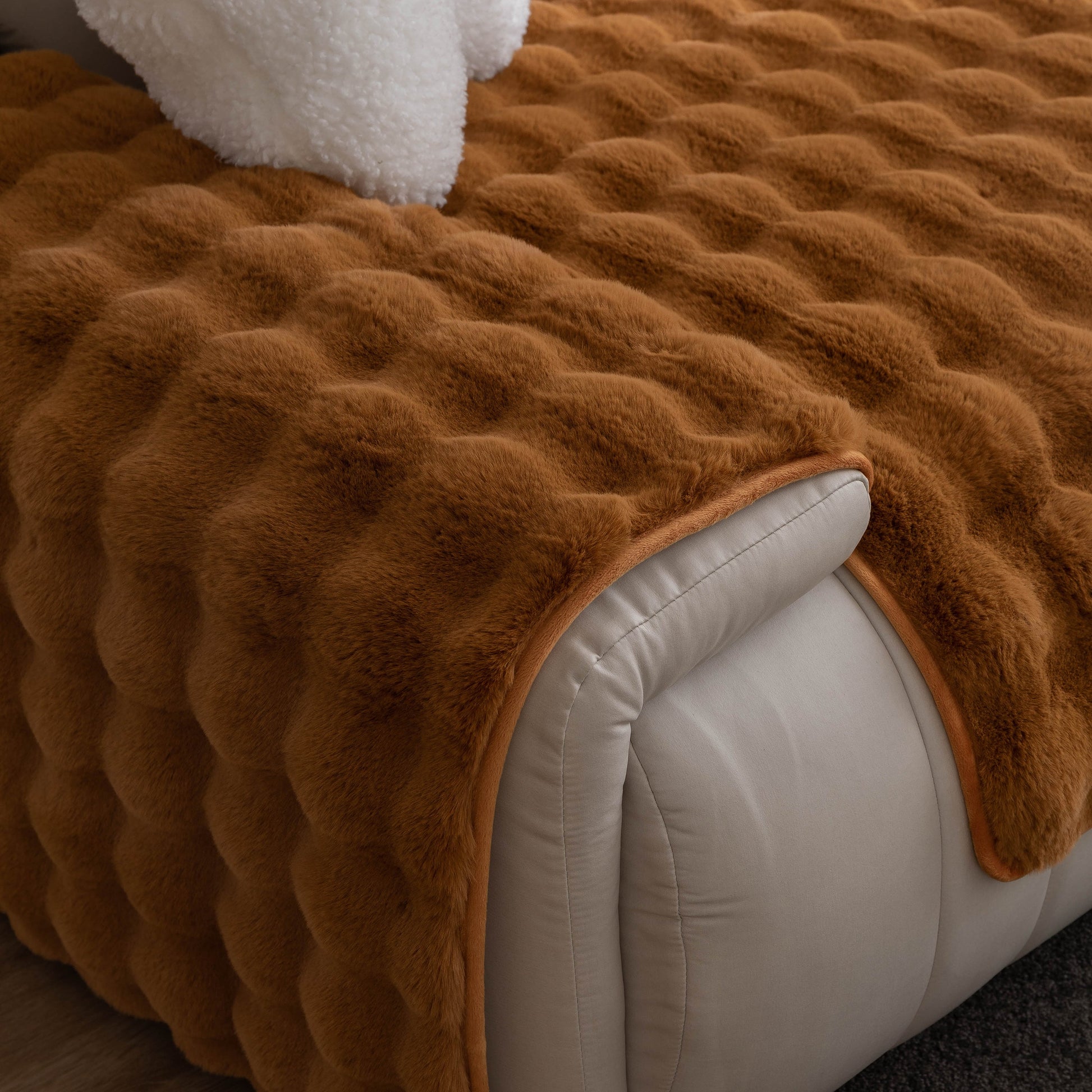 Thick Sofa Cushion Solid Color Faux Fur Fluffy Sofa Cushion Non-Slip Couch Covers in warm brown, enhancing comfort and style.