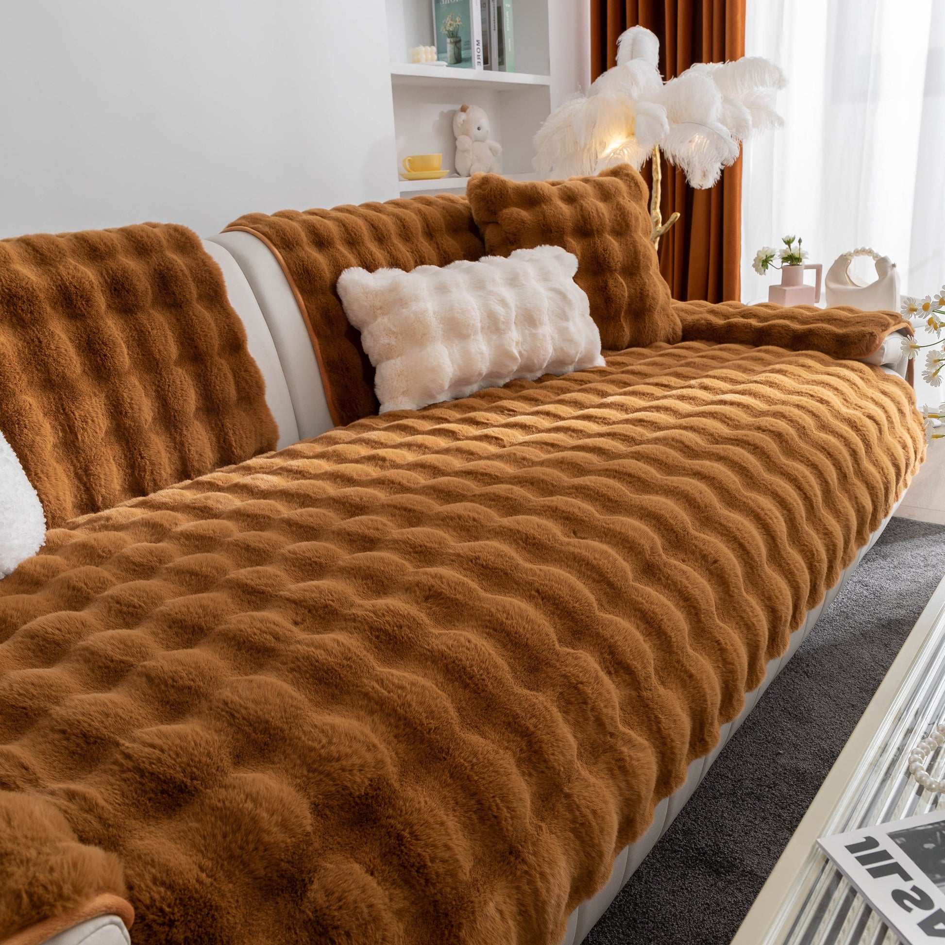 Thick Sofa Cushion Solid Color Faux Fur Fluffy Sofa Cushion Non-Slip Couch Covers in a cozy living room setting.