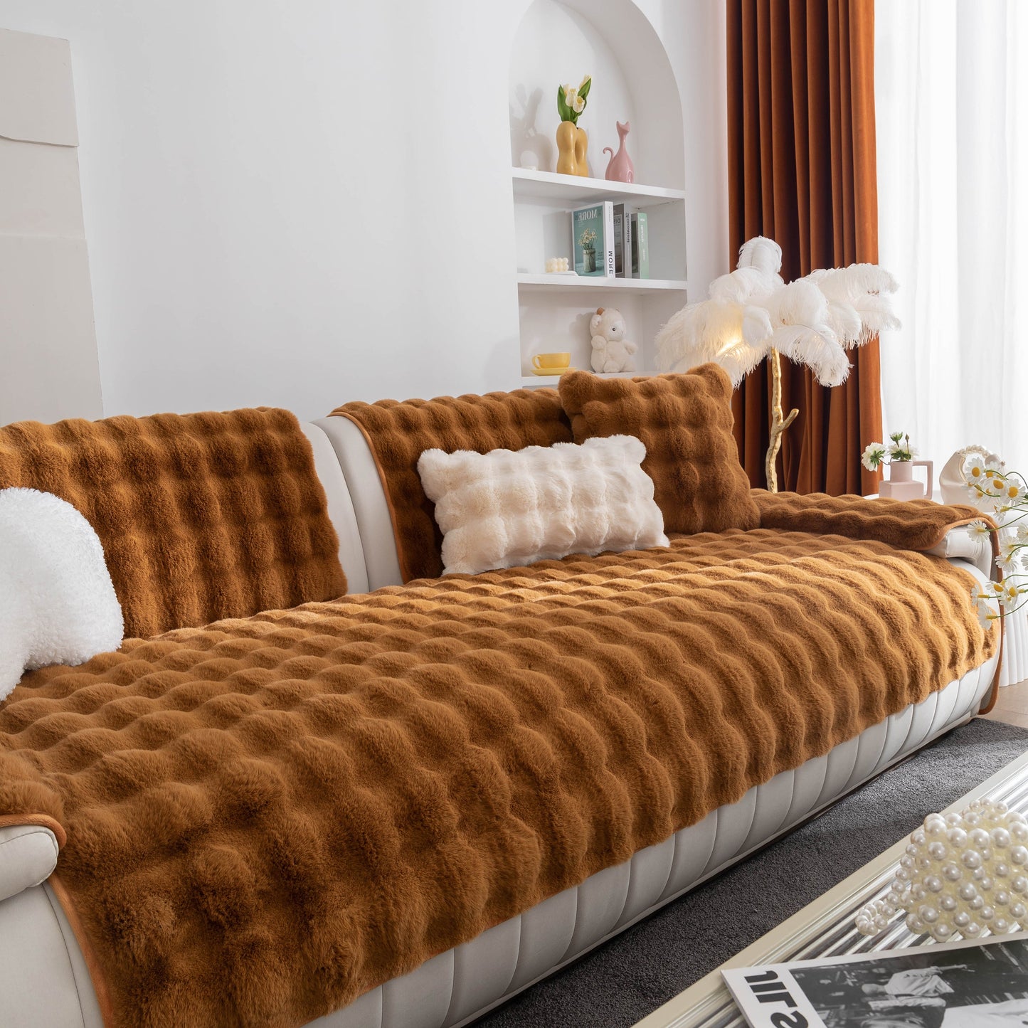 Thick Sofa Cushion Solid Color Faux Fur Fluffy Sofa Cushion Non-Slip Couch Covers for cozy living space