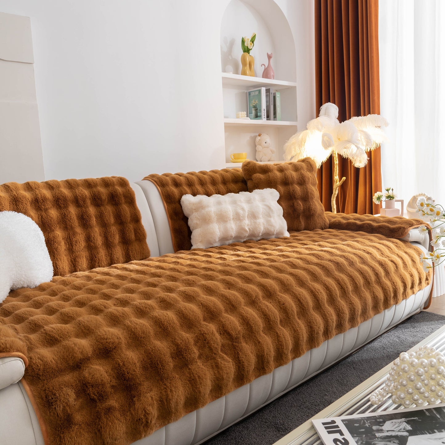 Thick Sofa Cushion Solid Color Faux Fur Fluffy Sofa Cushion Non-Slip Couch Covers on a modern sofa in a cozy living space