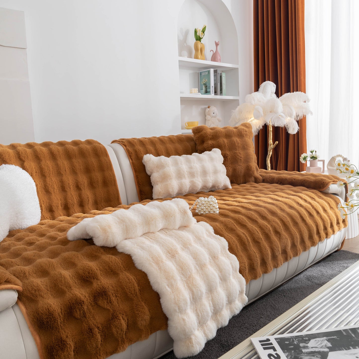 Thick Sofa Cushion Solid Color Faux Fur Fluffy Sofa Cushion Non-Slip Couch Covers in a cozy living room setting.
