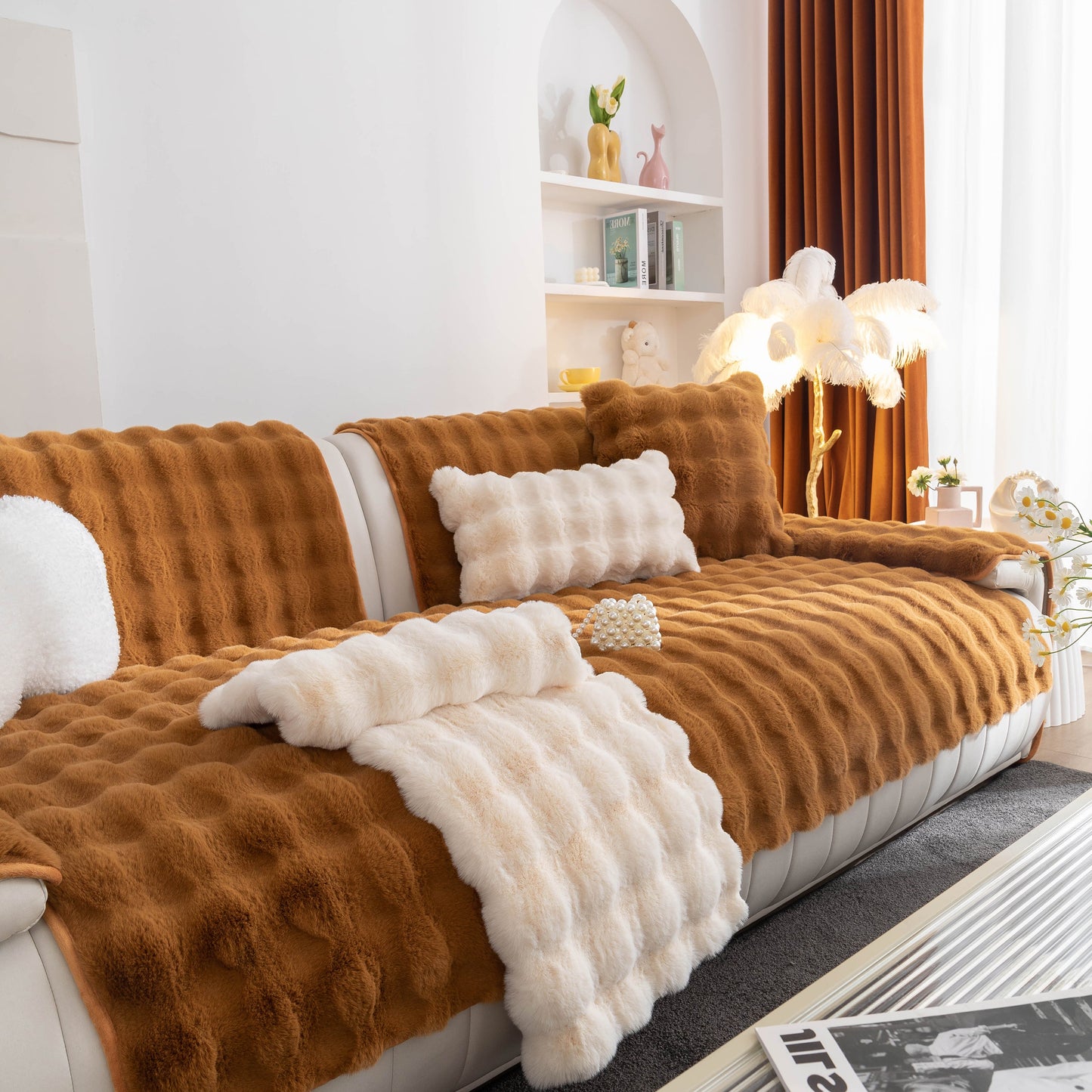 Thick Sofa Cushion Solid Color Faux Fur Fluffy Sofa Cushion Non-Slip Couch Covers in living room with decorative elements