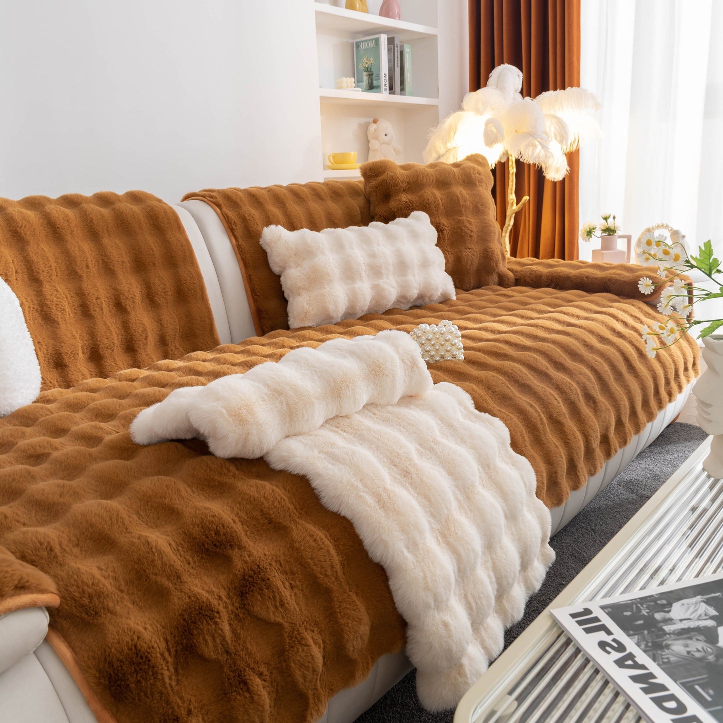 Thick Sofa Cushion Solid Color Faux Fur Fluffy Sofa Cushion Non-Slip Couch Covers in a cozy living room setting.
