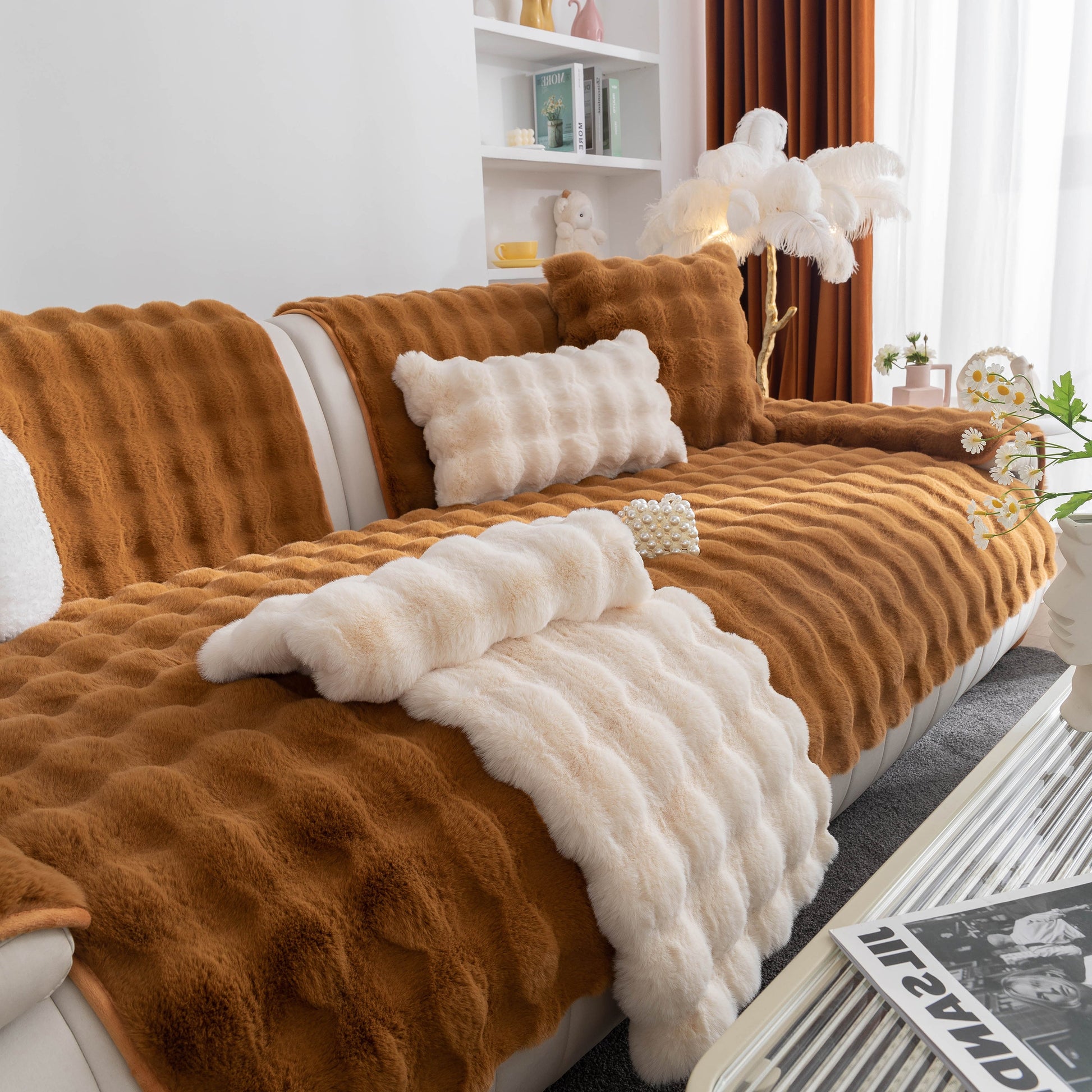 Thick Sofa Cushion Solid Color Faux Fur Fluffy Sofa Cushion Non-Slip Couch Covers enhancing a cozy living room