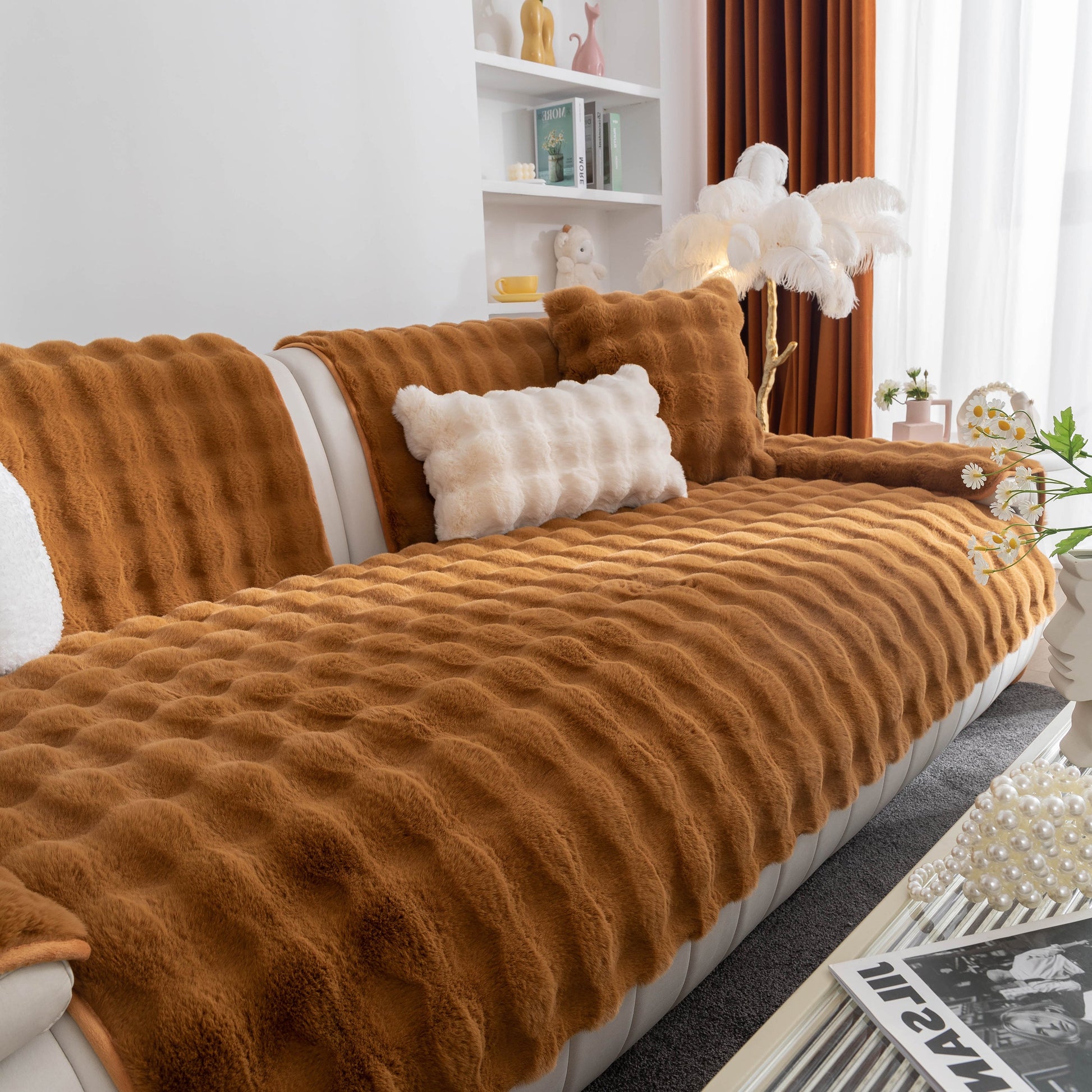 Thick Sofa Cushion Solid Color Faux Fur Fluffy Sofa Cushion Non-Slip Couch Covers in a cozy living room setting