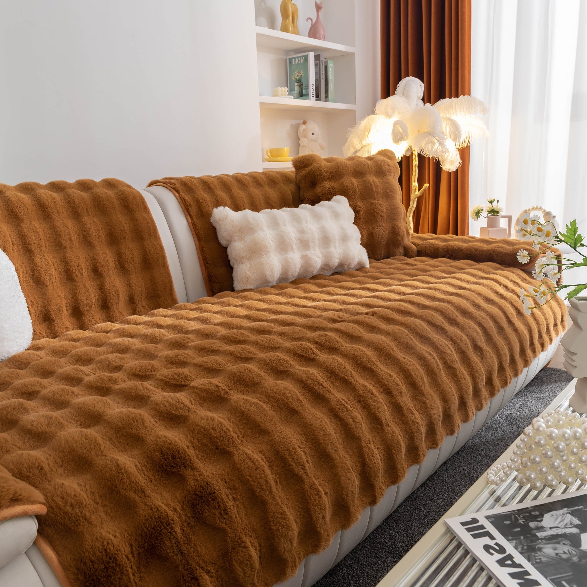 Thick Sofa Cushion Solid Color Faux Fur Fluffy Sofa Cushion Non-Slip Couch Covers in a luxurious living room setup