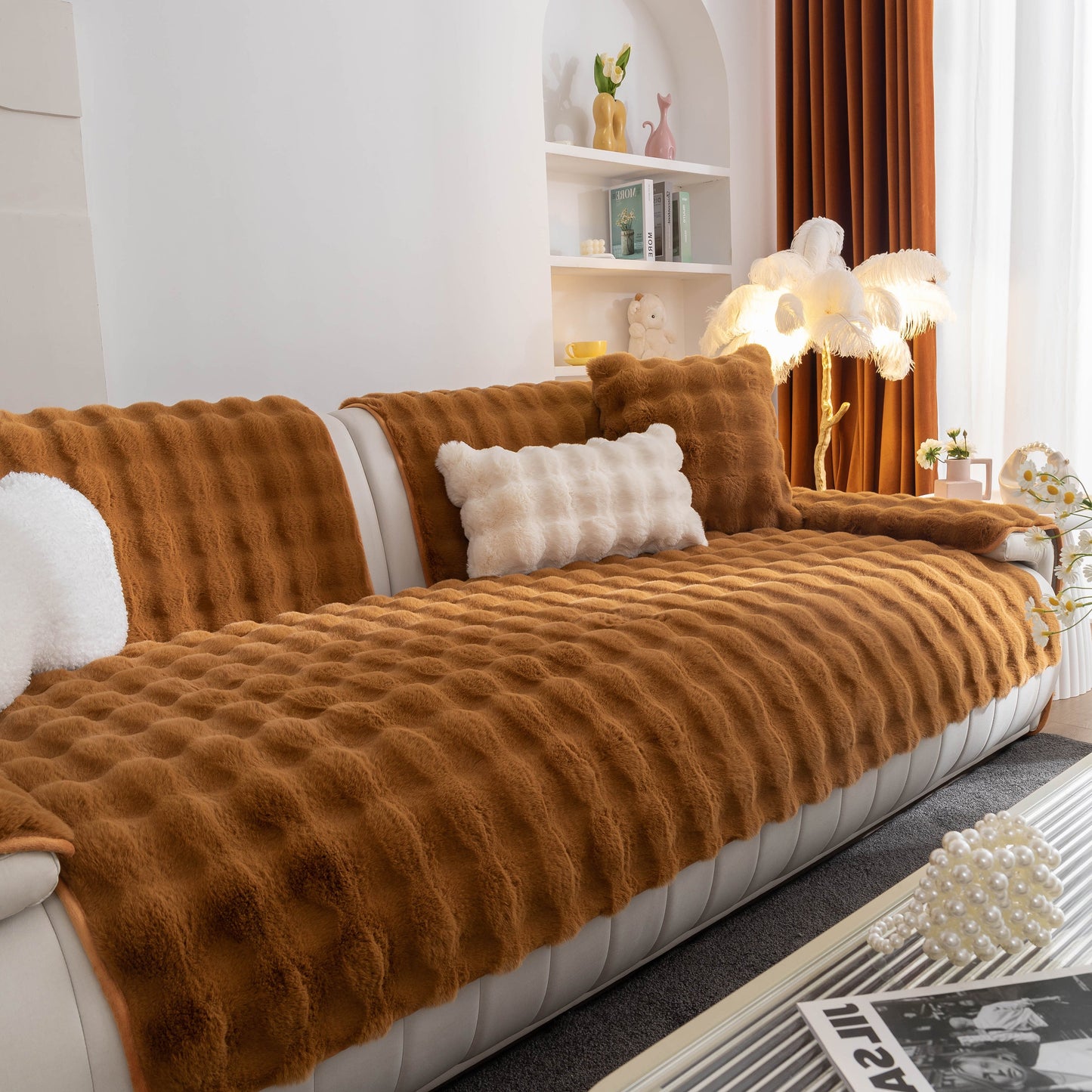 Thick Sofa Cushion Solid Color Faux Fur Fluffy Sofa Cushion Non-Slip Couch Covers on modern white sofa in living room