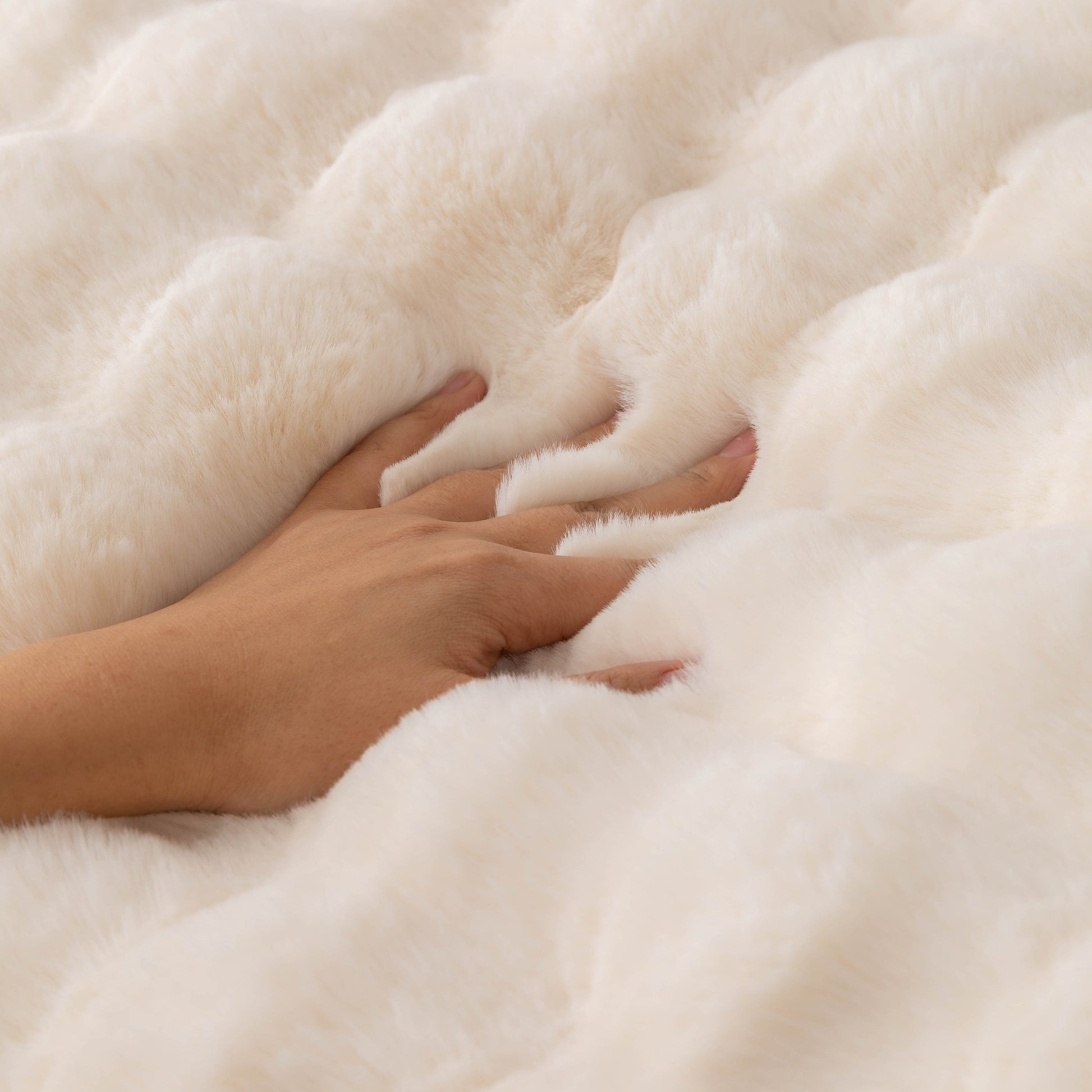 Hand touching thick sofa cushion solid color faux fur fluffy sofa cushion non-slip couch covers showing luxurious softness