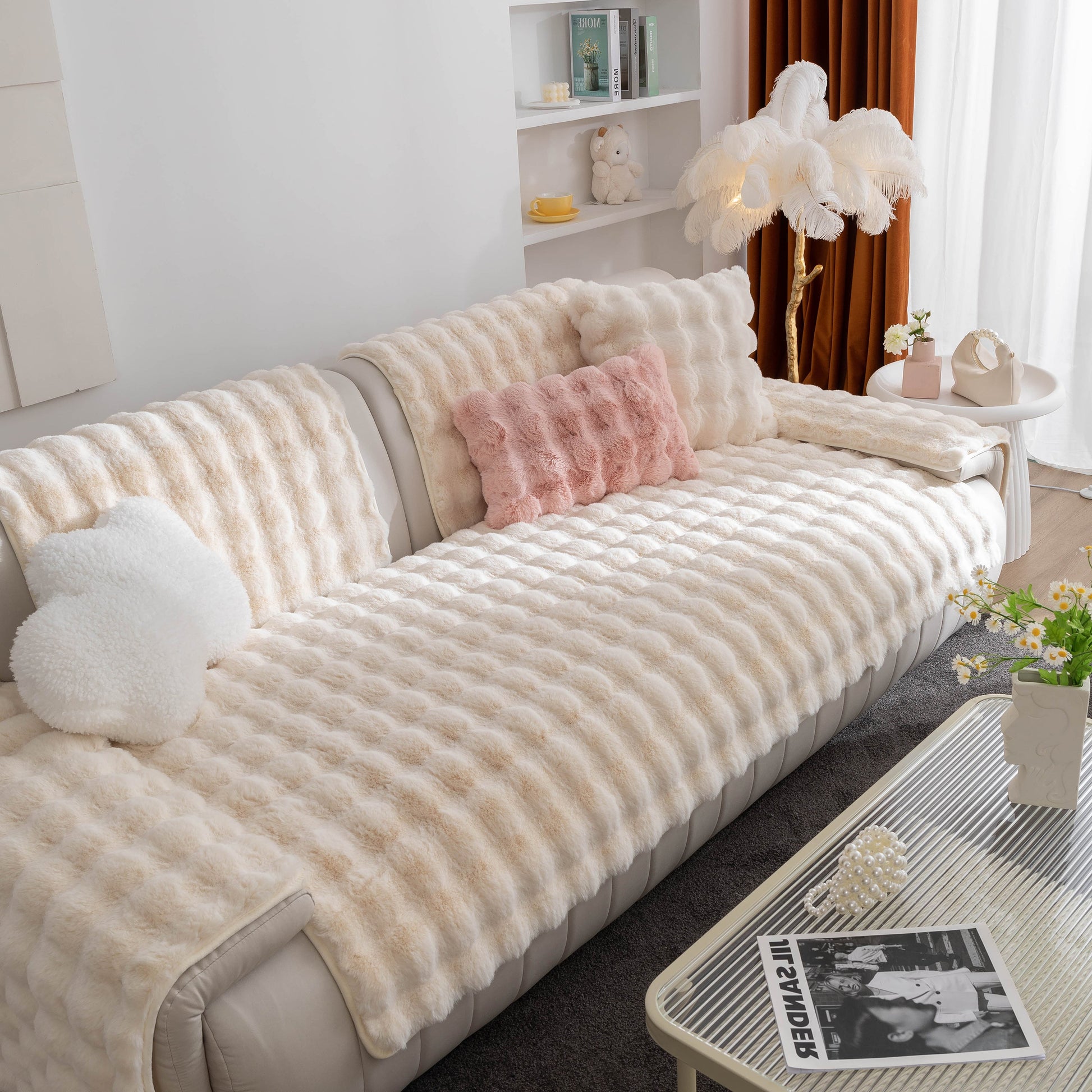 Thick Sofa Cushion Solid Color Faux Fur Fluffy Sofa Cushion Non-Slip Couch Covers on a stylish living room couch.