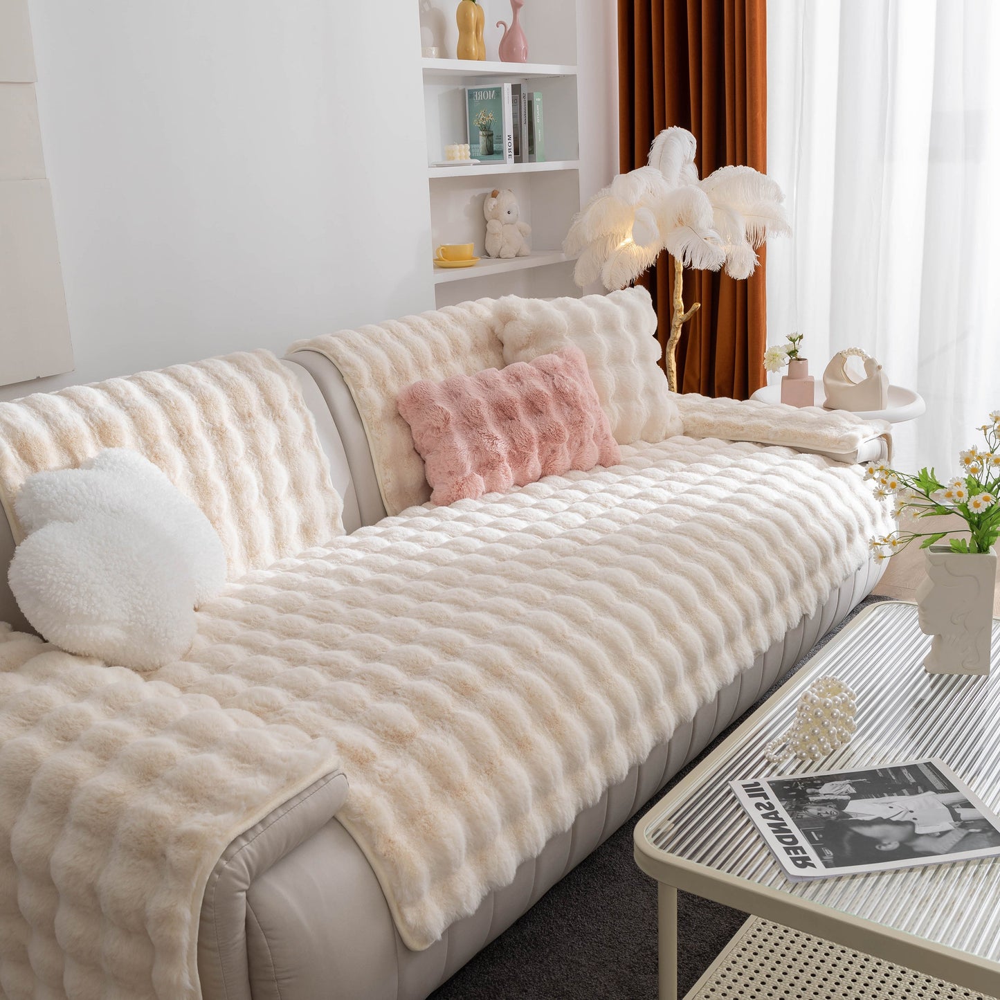Living room with thick sofa cushion solid color faux fur fluffy sofa cushion non-slip couch covers in a cozy home setting.