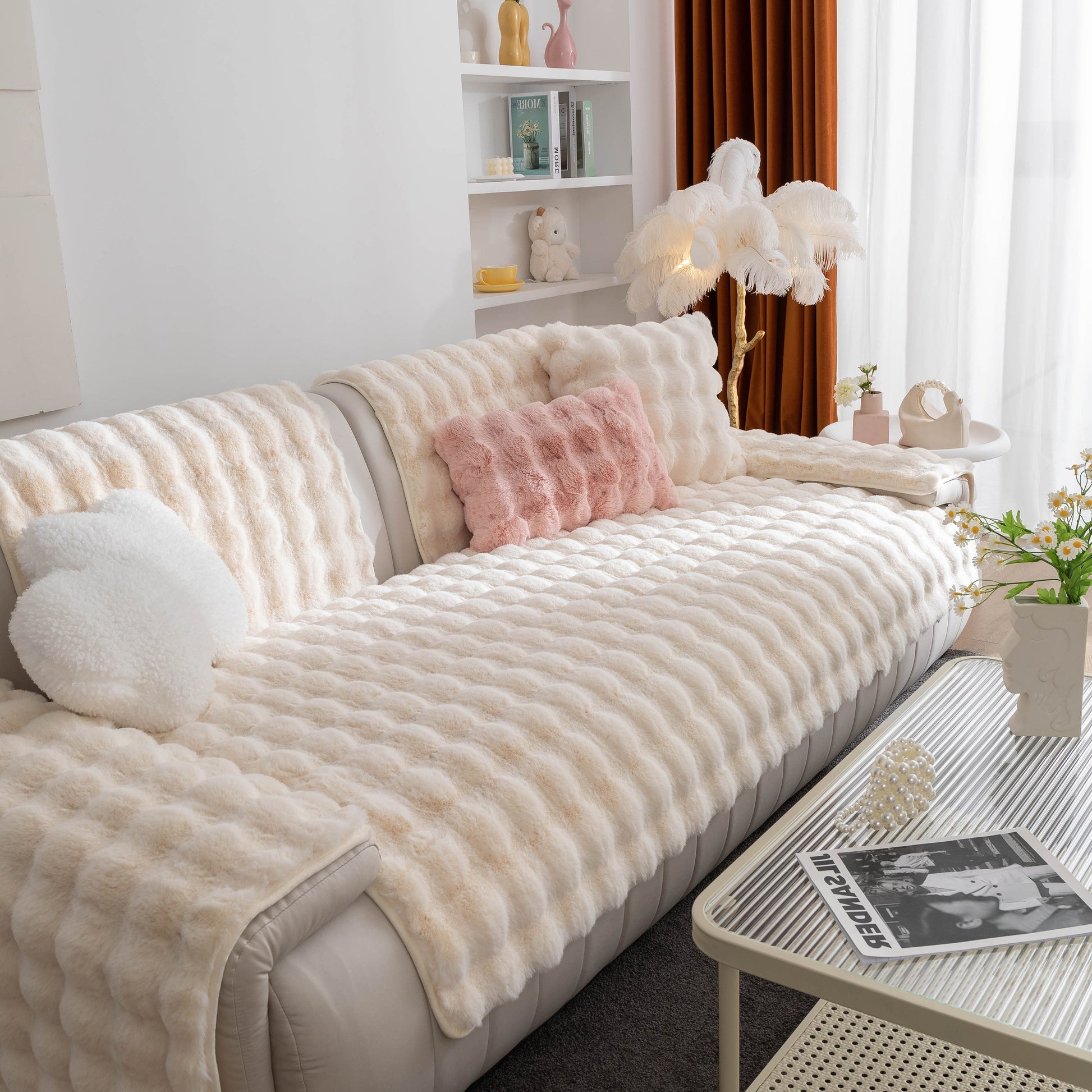Living room with thick sofa cushion solid color faux fur fluffy sofa cushion non-slip couch covers in a cozy home setting.